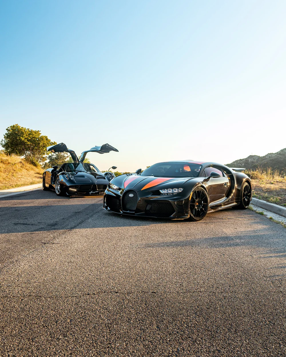 Pagani Huayra and Bugatti Chiron Super Sport 300+ at sunset