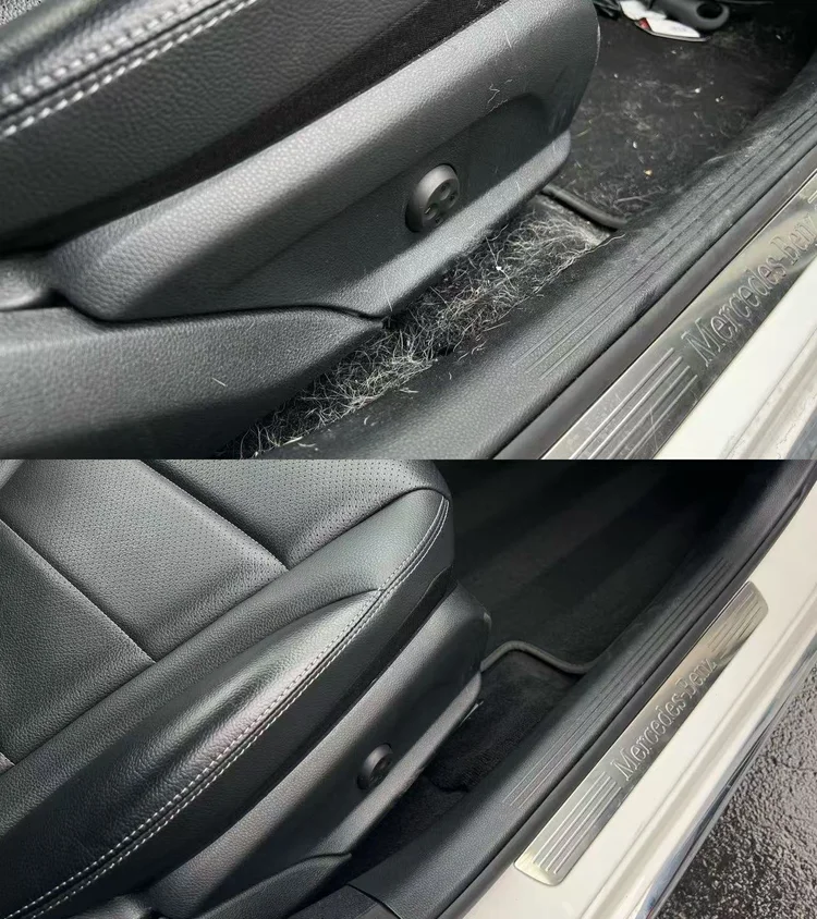 Pet hair removed from a vehicle interior floor area
