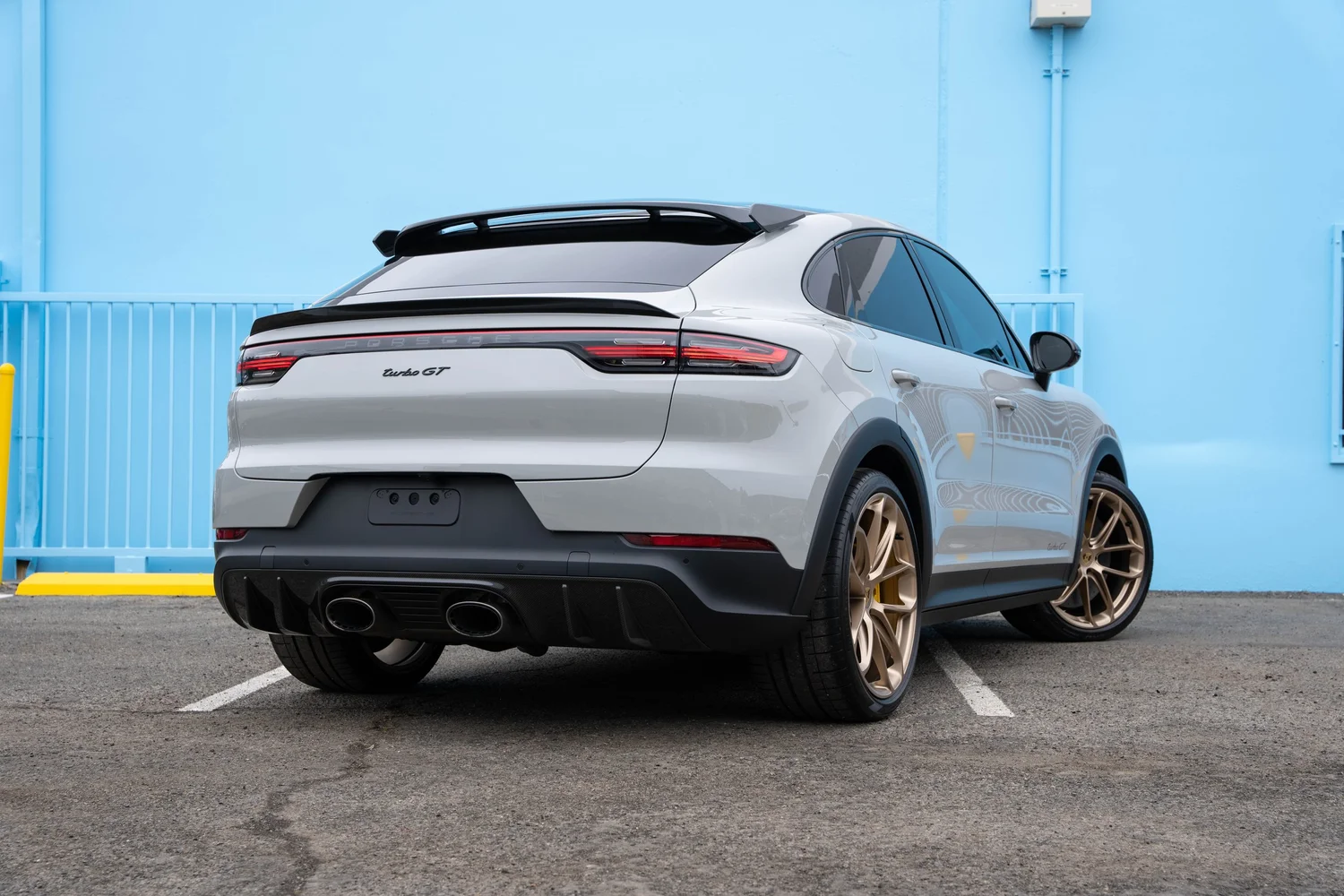 Porsche Cayenne Turbo GT rear three-quarter view from the driver side after PPF, window tint and ceramic coating