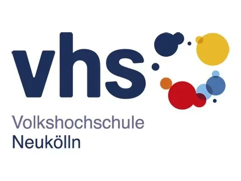 Logo of Volkshochschule Neukölln with colorful circles and the text vhs.