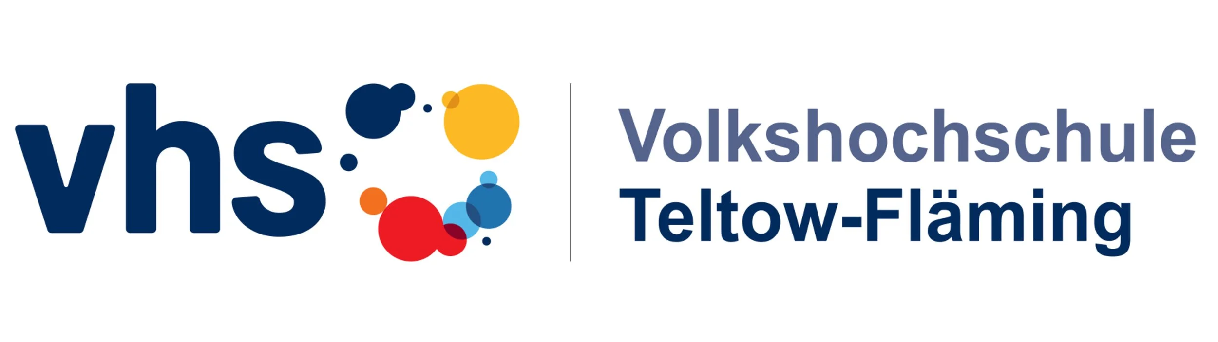 Logo for the Volkshochschule Teltow-Fläming featuring the text 'vhs' with colorful bubbles and the words 'Volkshochschule Teltow-Fläming'.
