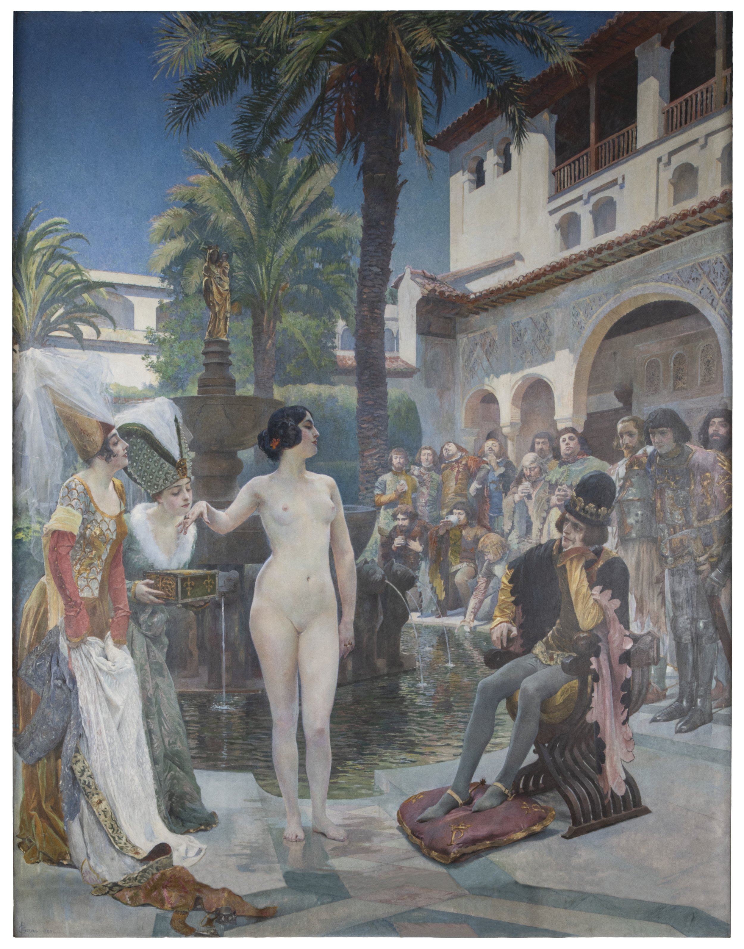 A Paul-Jean-Louis Gervais 1895 painting depicting María de Padilla. She stands naked surrounded by men in elaborate costumes around a fountain in a Mediterranean courtyard with large palm trees and a white building with arches and balconies.