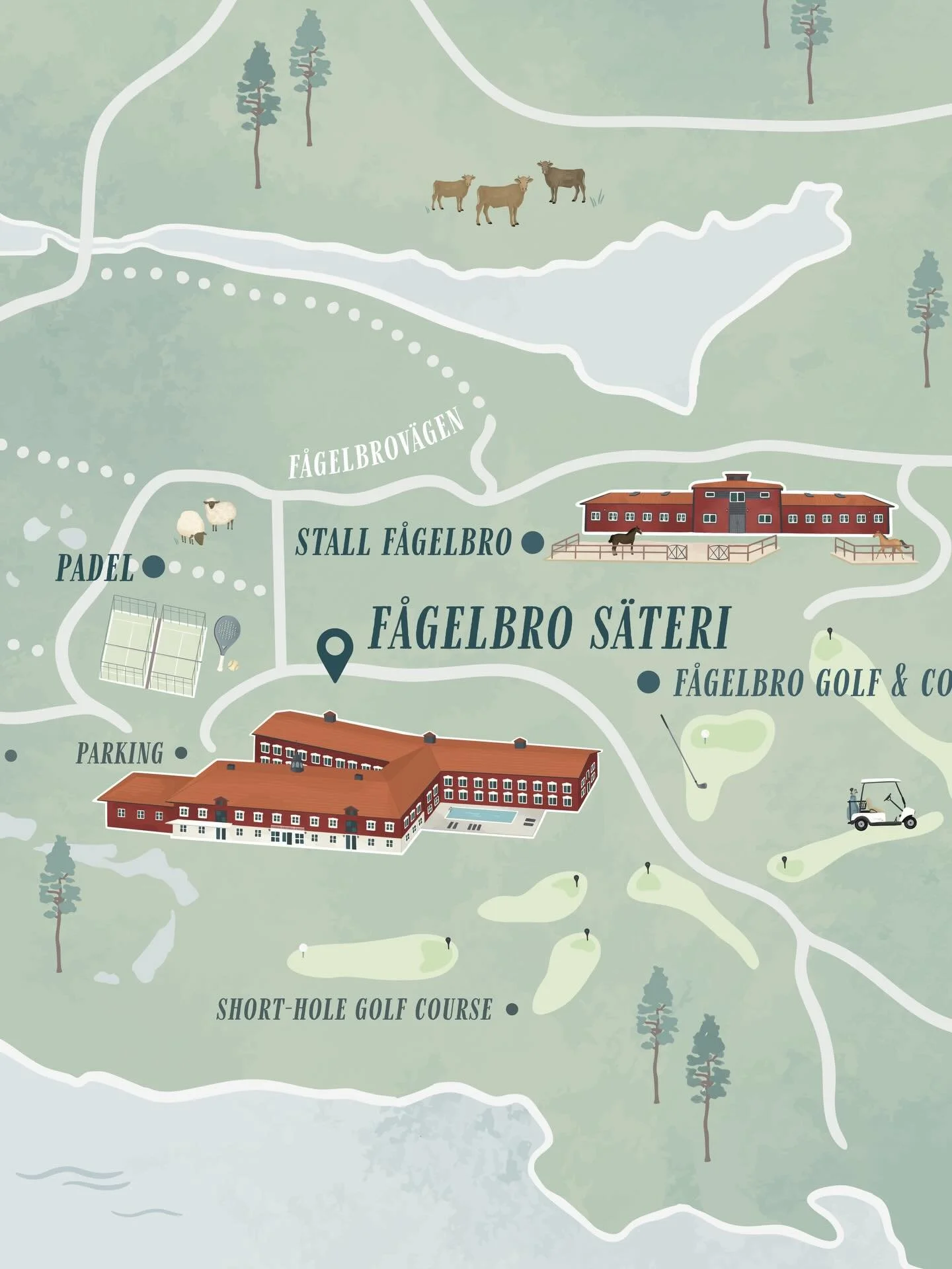 The gorgeous retreat of F&aring;gelbro S&auml;teri, located on the Swedish countryside island of V&auml;rmd&ouml; &mdash; swipe for the full map 🐑