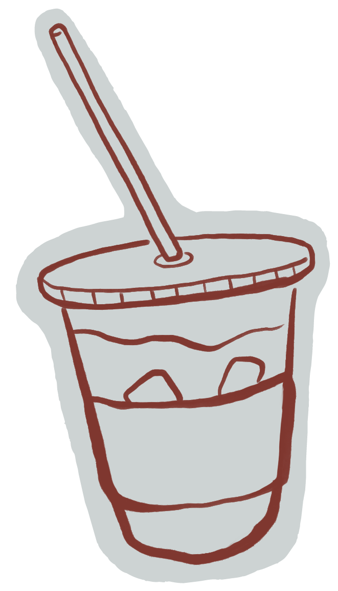 Drawing of a cold drink in a cup with ice and a straw.