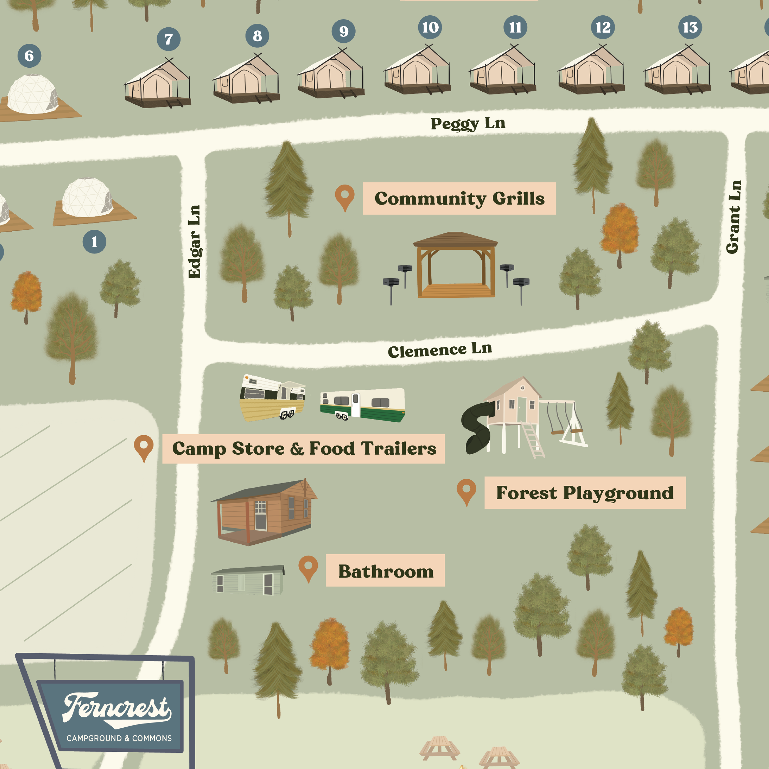 Close up details of Ferncrest Campground map