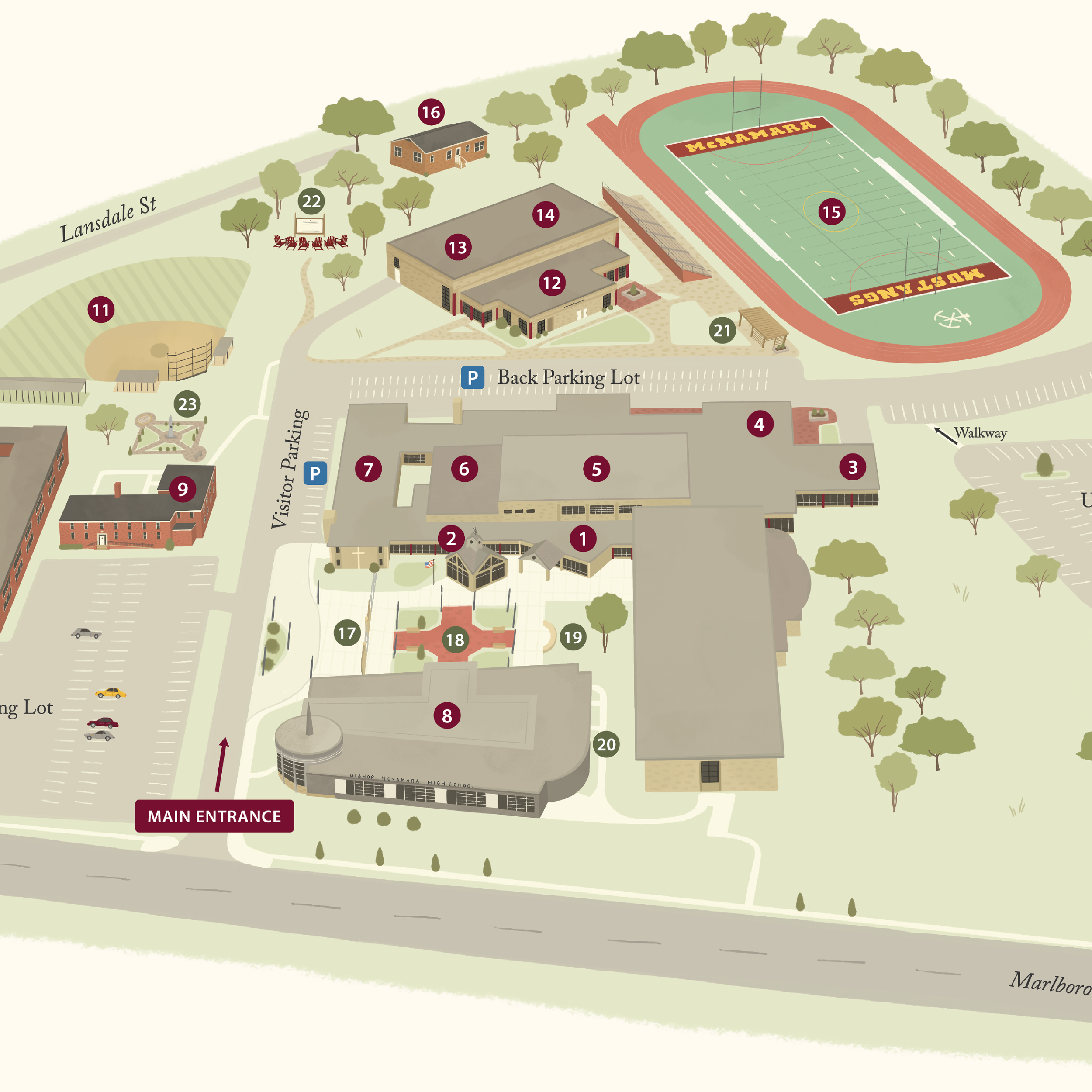 Closeup details of Bishop McNamara High School Campus Map