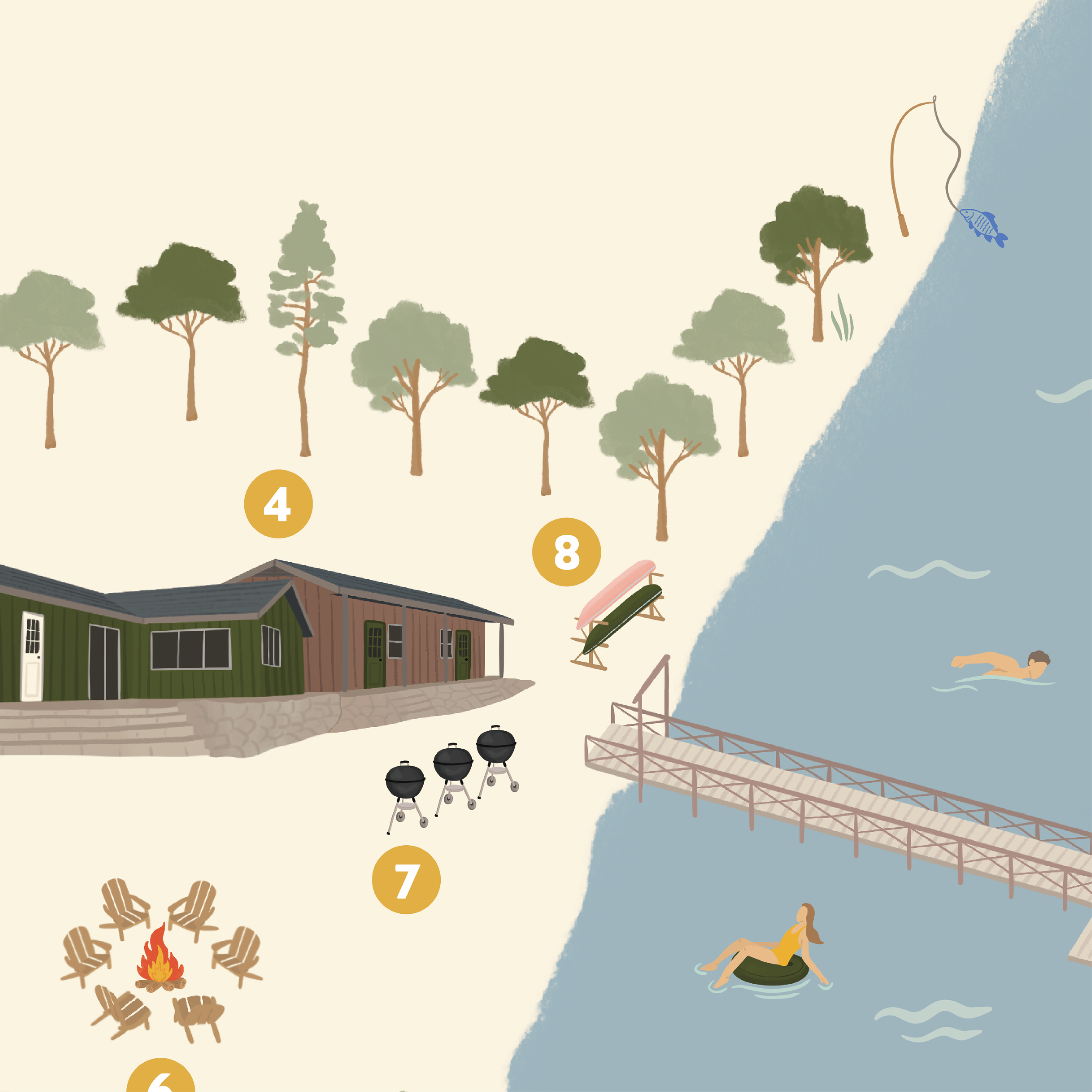 Closeup details of custom illustrated map of lakeside retreat, Sam's Place, Texas, USA