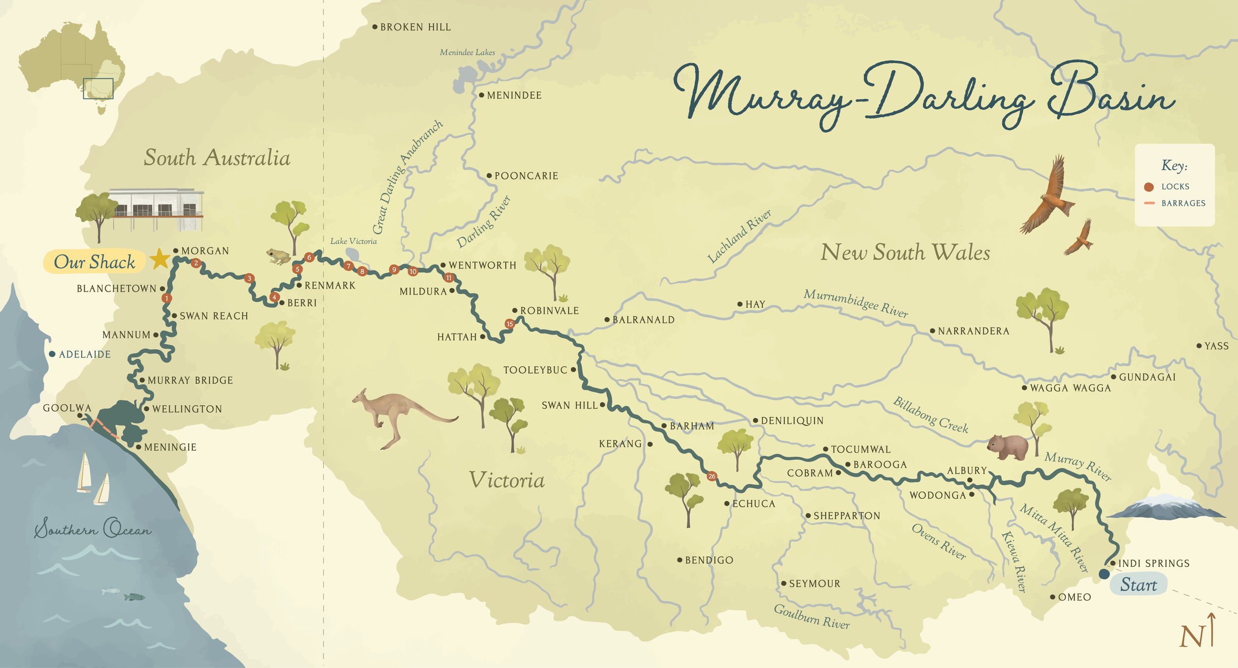Illustrated Custom Map of Murray Darling Basin, Australia