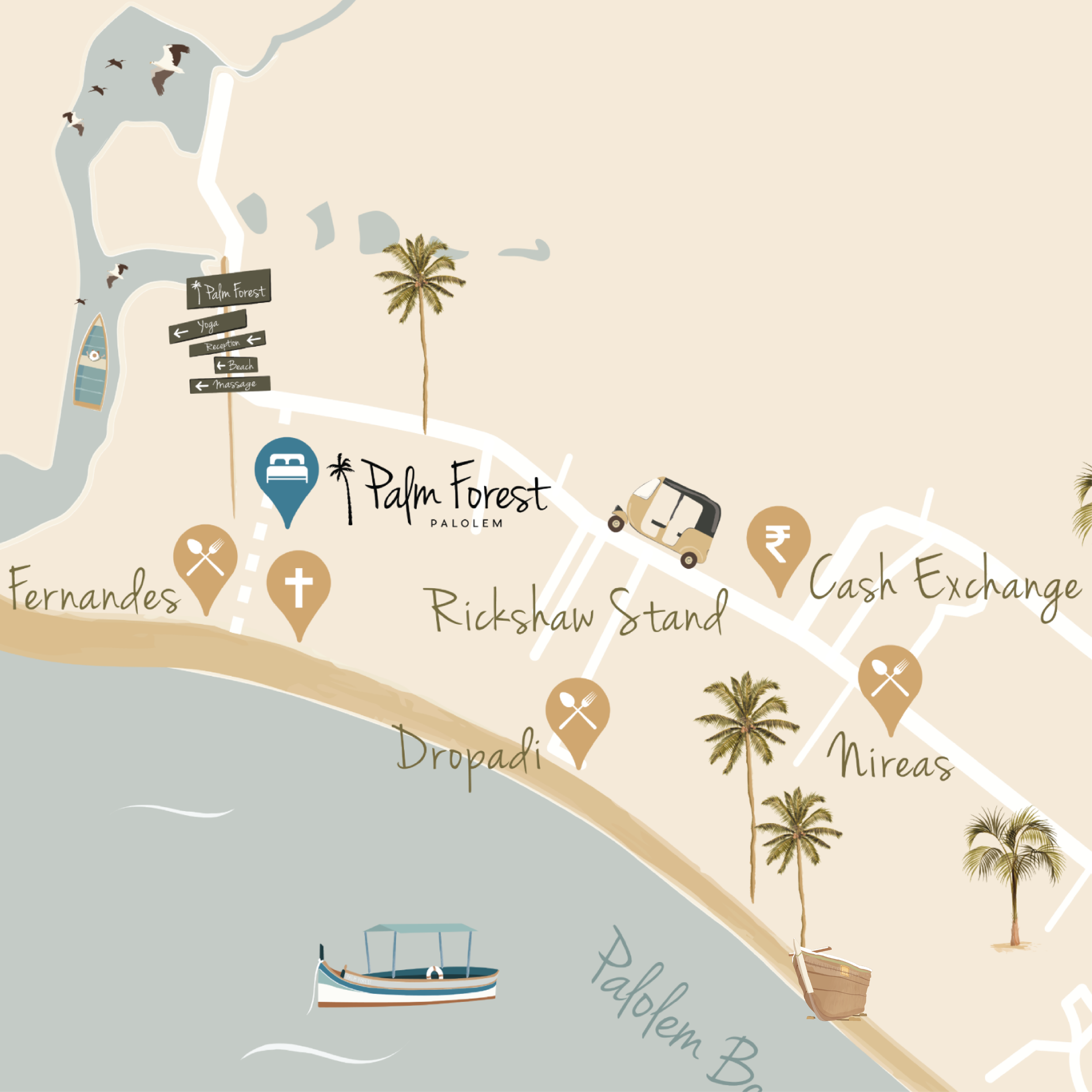 Closeup details of Palm Forest Palolem Beach map