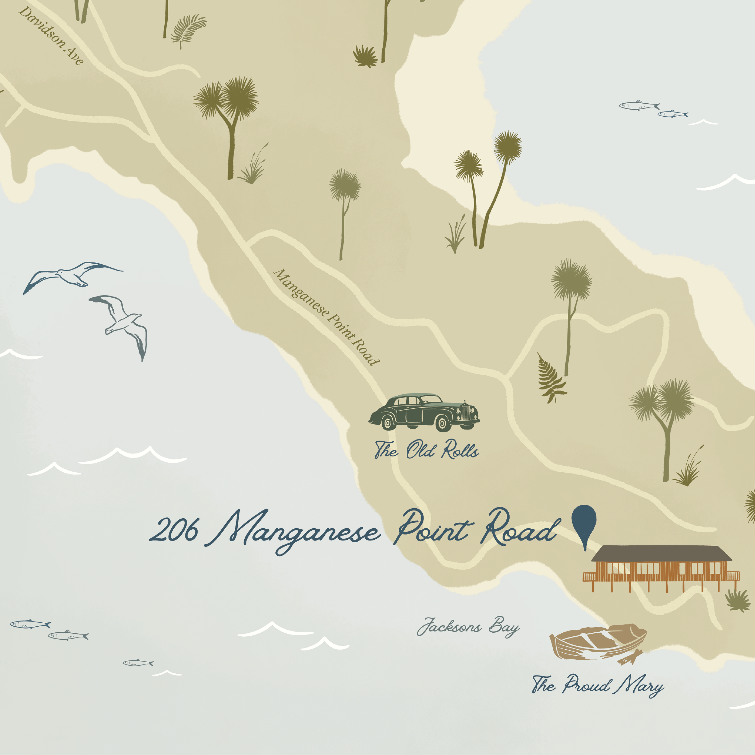 Closeup details of Custom Illustrated Map of Manganese Point Road