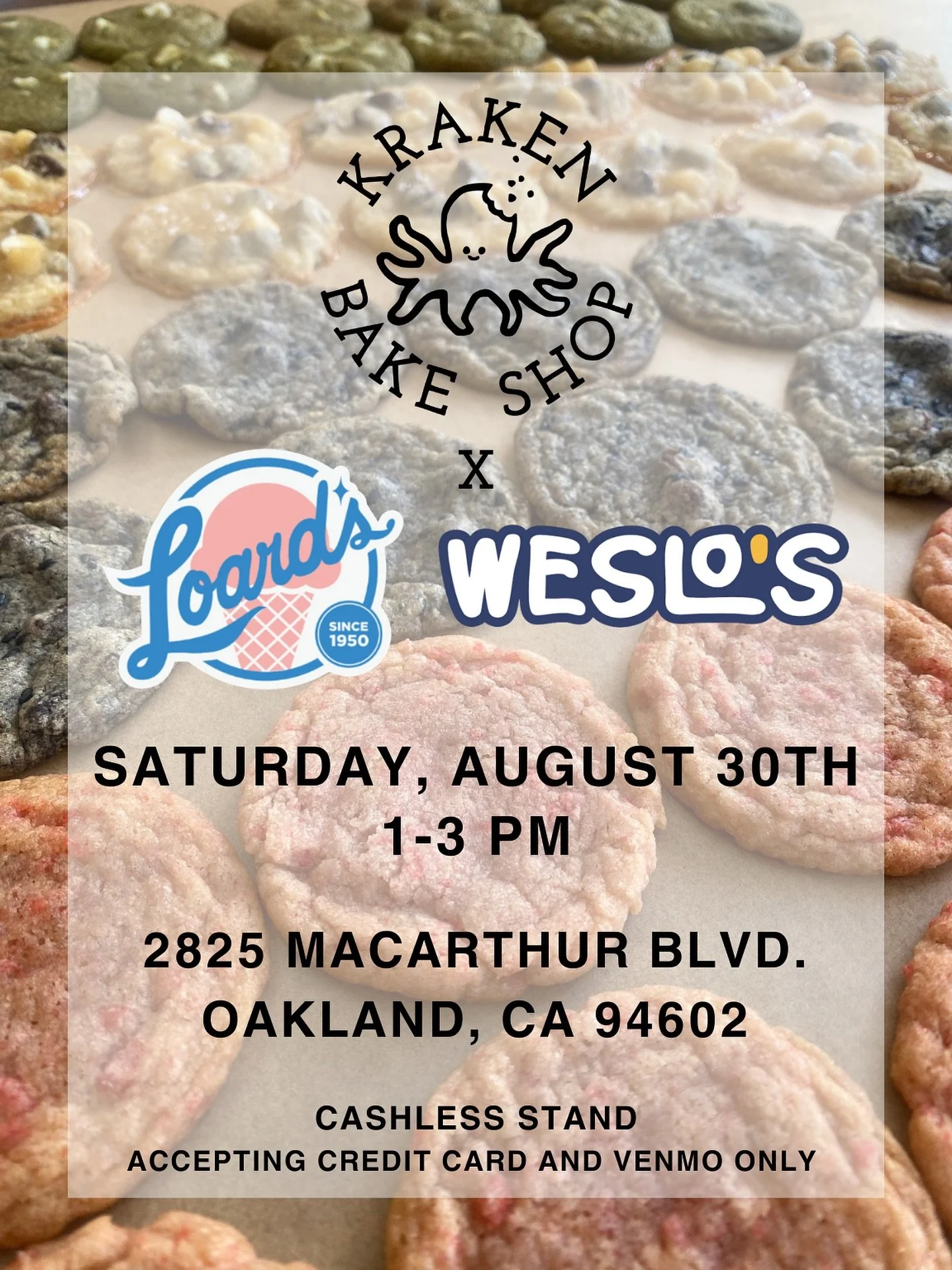 Kraken Bake Shop is popping up at @loardsdimond and @weslosdimond in Oakland this Saturday from 1-3 PM! We can't wait to see you there! 🍪✨