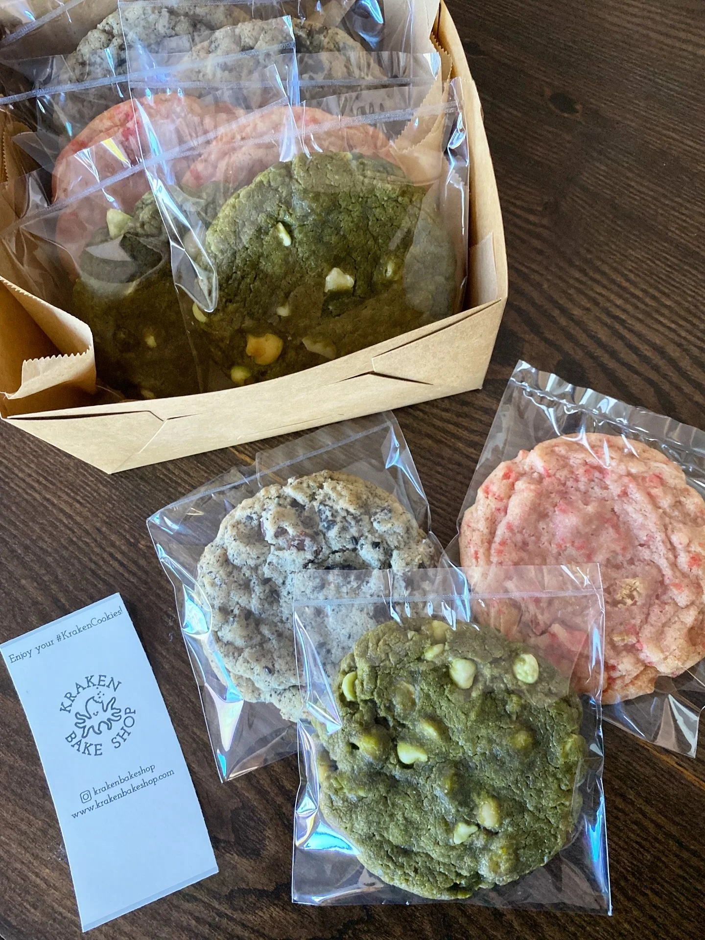 black sesame dark chocolate chip, matcha white chocolate macadamia, and strawberry shortcake 🩶💚🩷