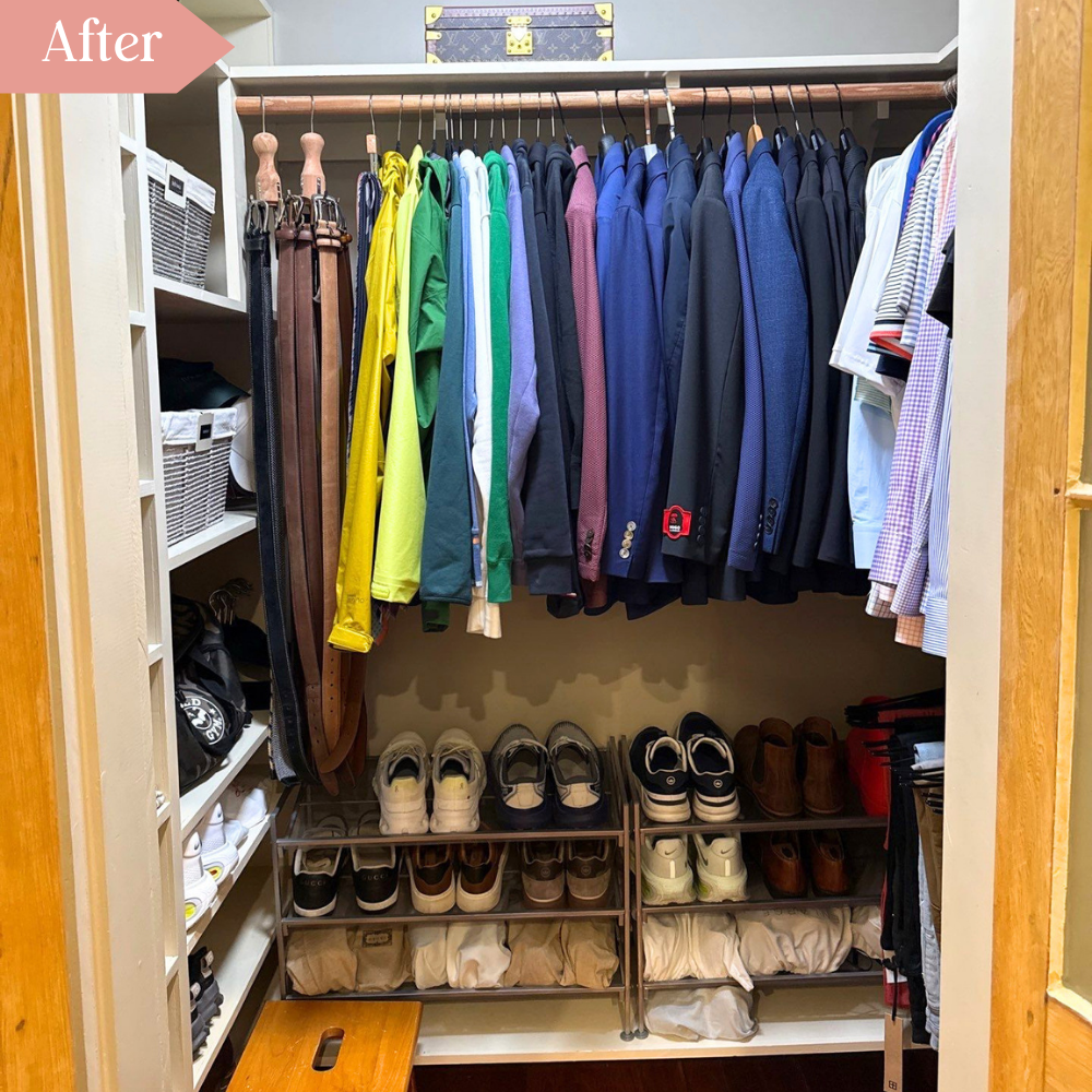 Decluttered after photo of a closet with color coordinated neatly hung blazers and shirts, and shoes stacked below on shelving.