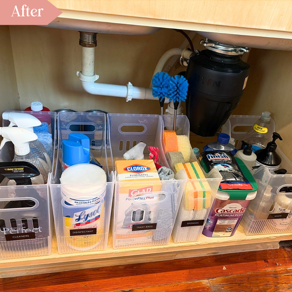 A functional under kitchen sink cabinet neatly organized with cleaning products in clearly labeled bins so that everything is easily within eye sight and reach.