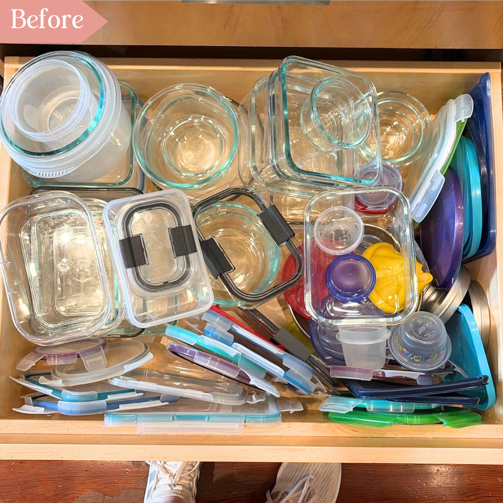 Messy before photo of pyrex and Tupperware containers in a drawer.