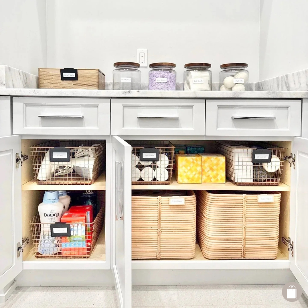 Organized laundry room cabinet with labeled baskets and storage jars on top shelf for laundry and household items, including laundry detergent, lint rollers, dryer sheets, dryer balls, and toilet paper.