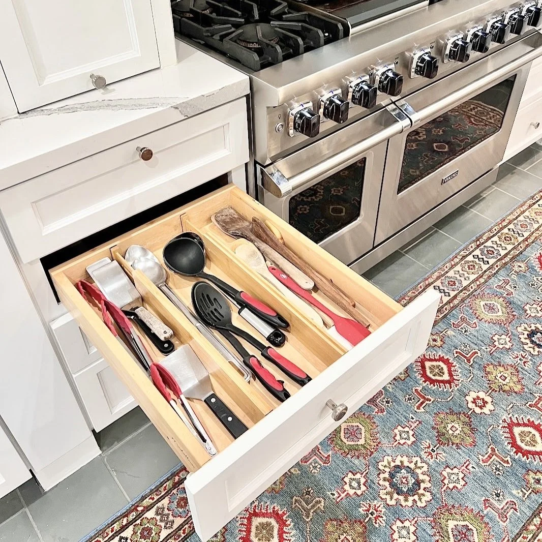 Kitchen utensils neatly arranged with bamboo drawer dividers by Sorted Professional Organizing in New Orleans.