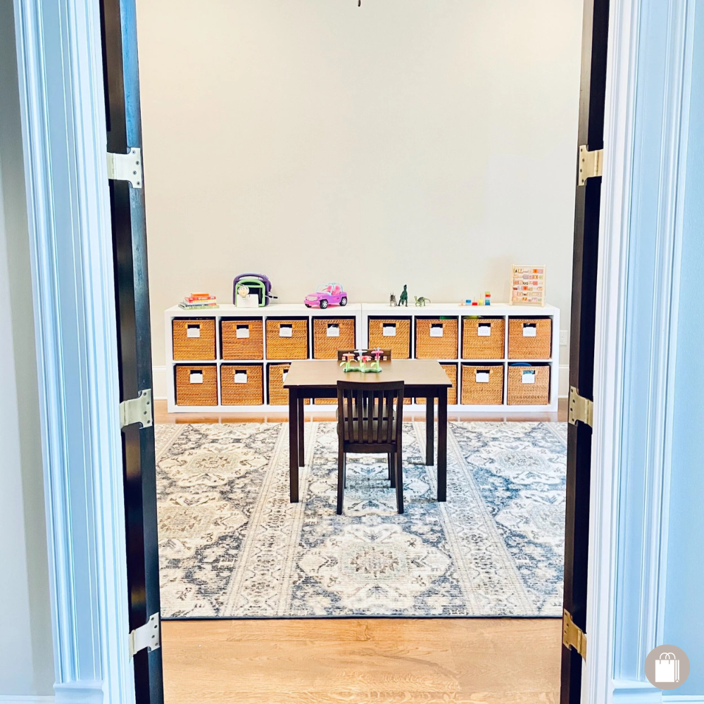 Open office space with table and chairs on blue and cream rug with cubbies of cubes storing enrichment toys organized by Sorted Professional Organizing in New Orleans.