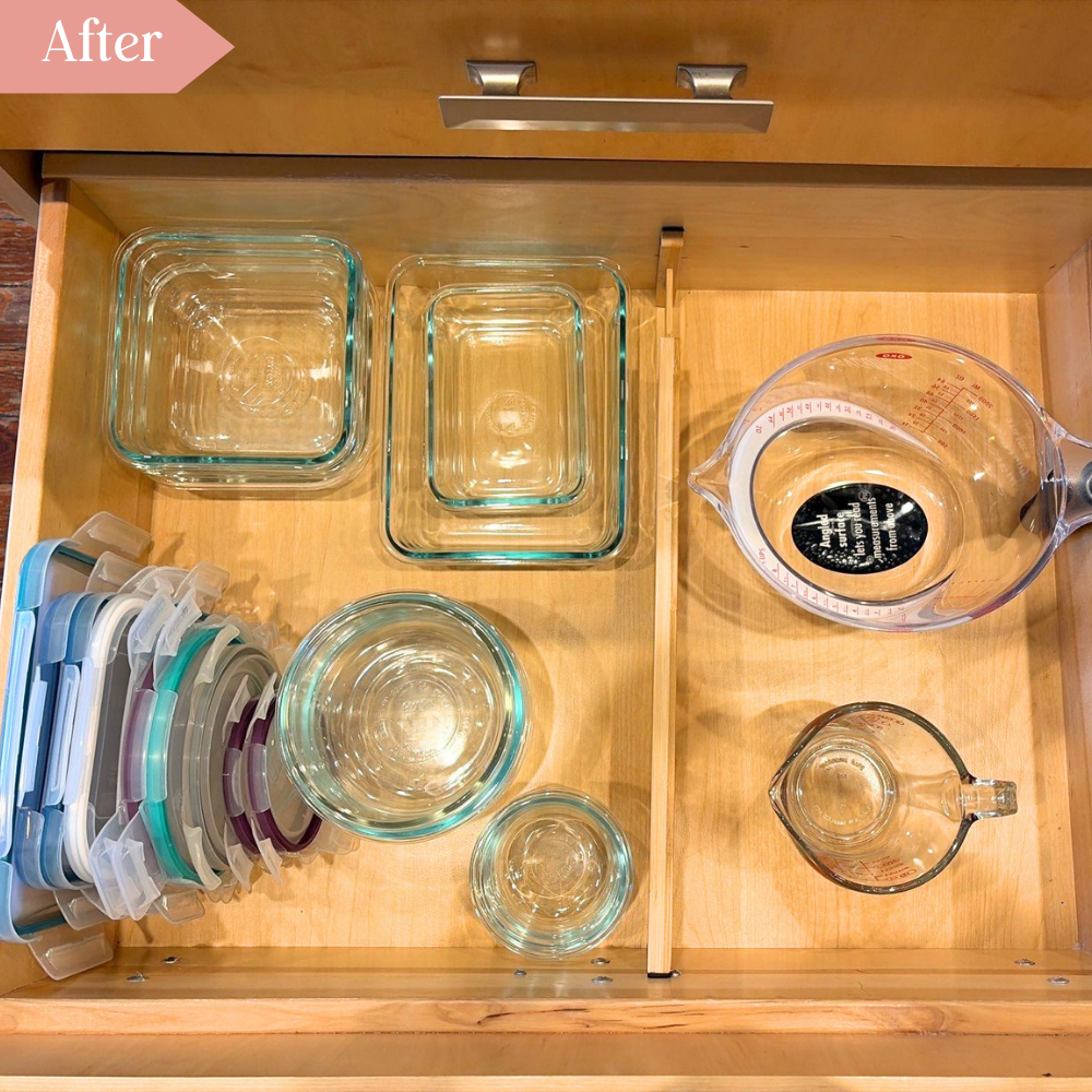 Beautifully organized after photo of a drawer holding pyrex containers stacked with lids organized by size, a drawer divider, and measuring cups.