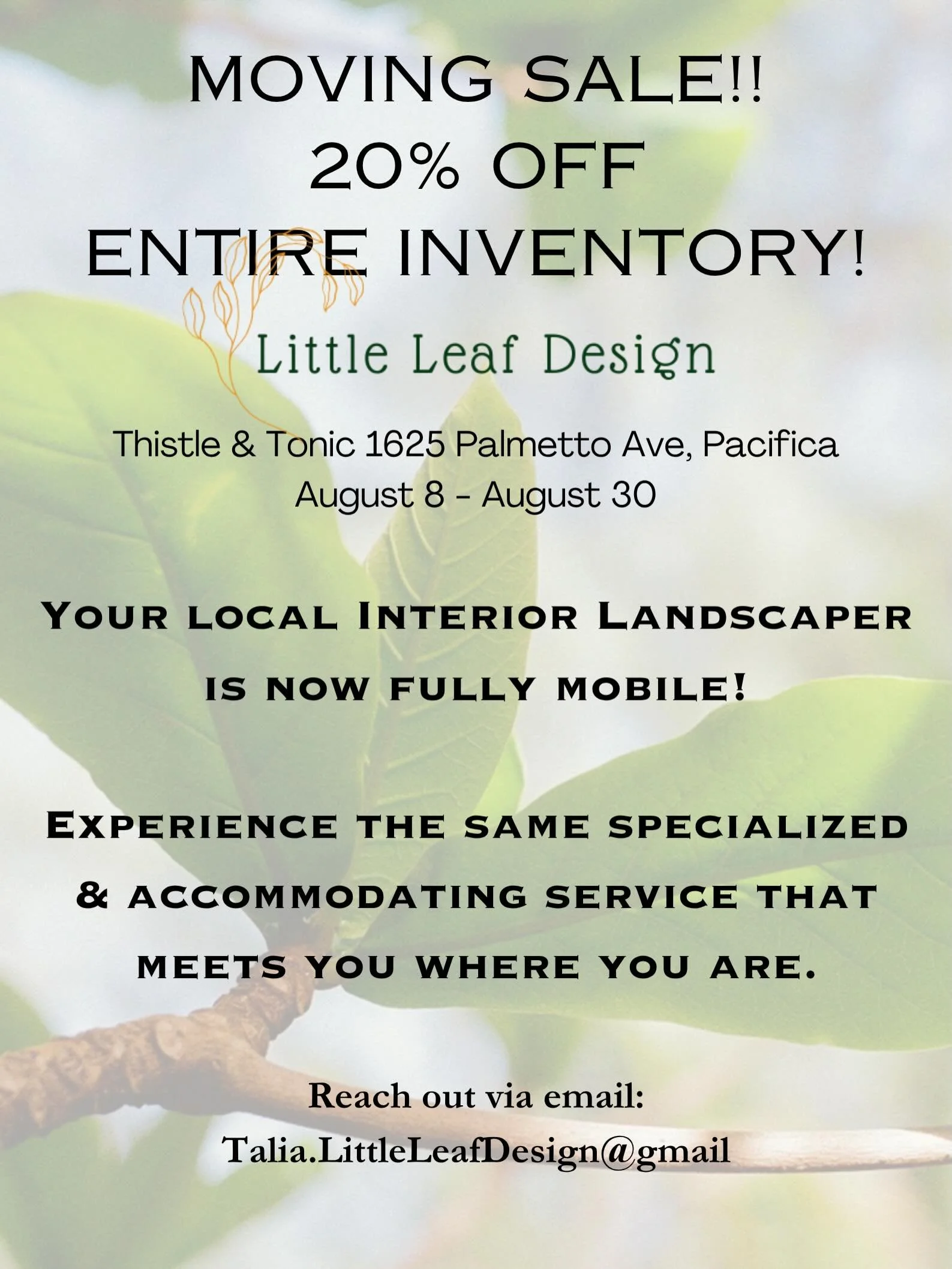 Dear friends &amp; plant lovers,

It has been a joy and a privilege to hold space here at 1625 Palmetto for 3+ years. August 30 will be my last day of retail at Thistle &amp; Tonic. Please enjoy 20% off all inventory starting August 8! 

I hope that 