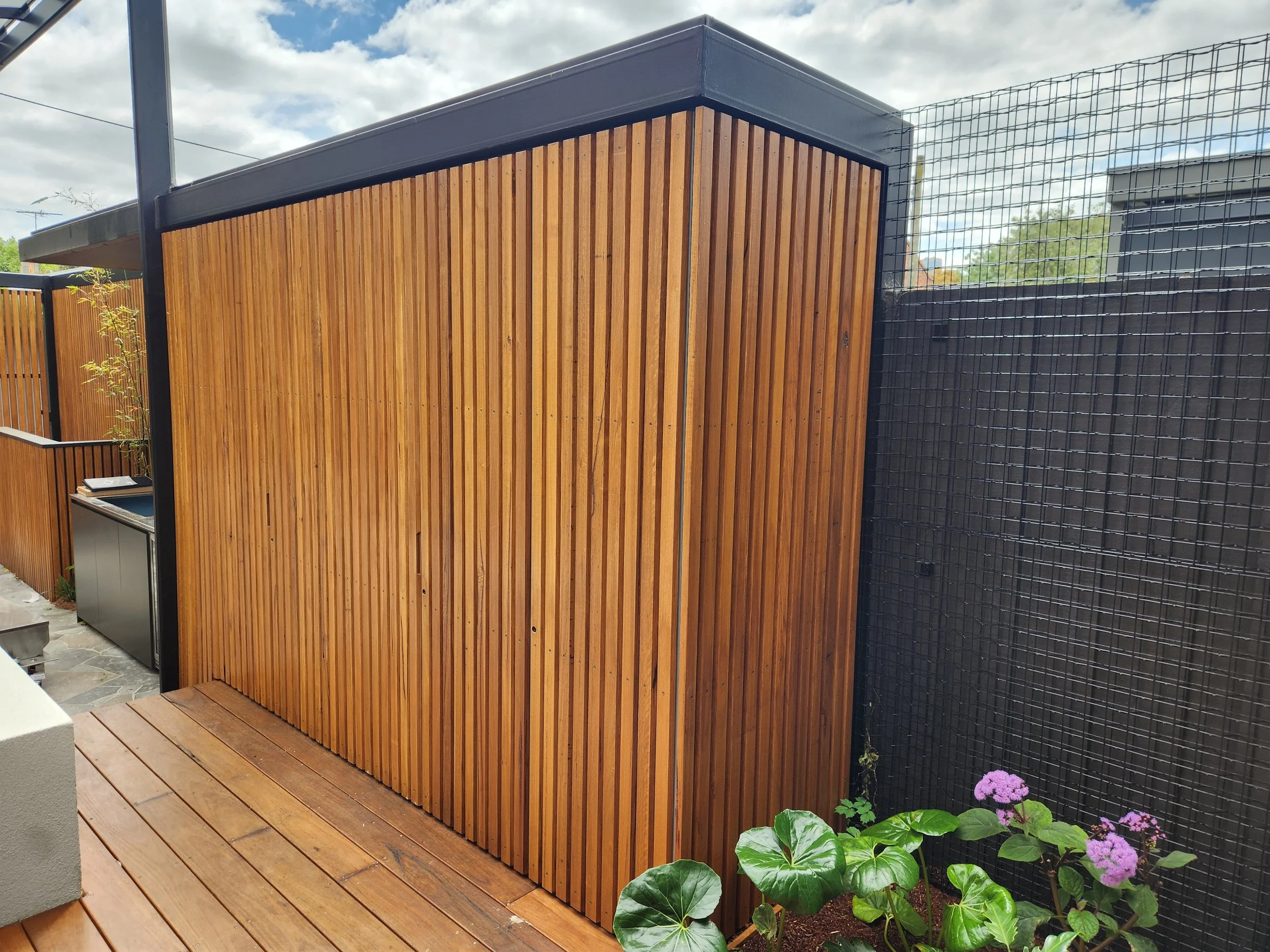 Patio storage cabinets with timber batton face