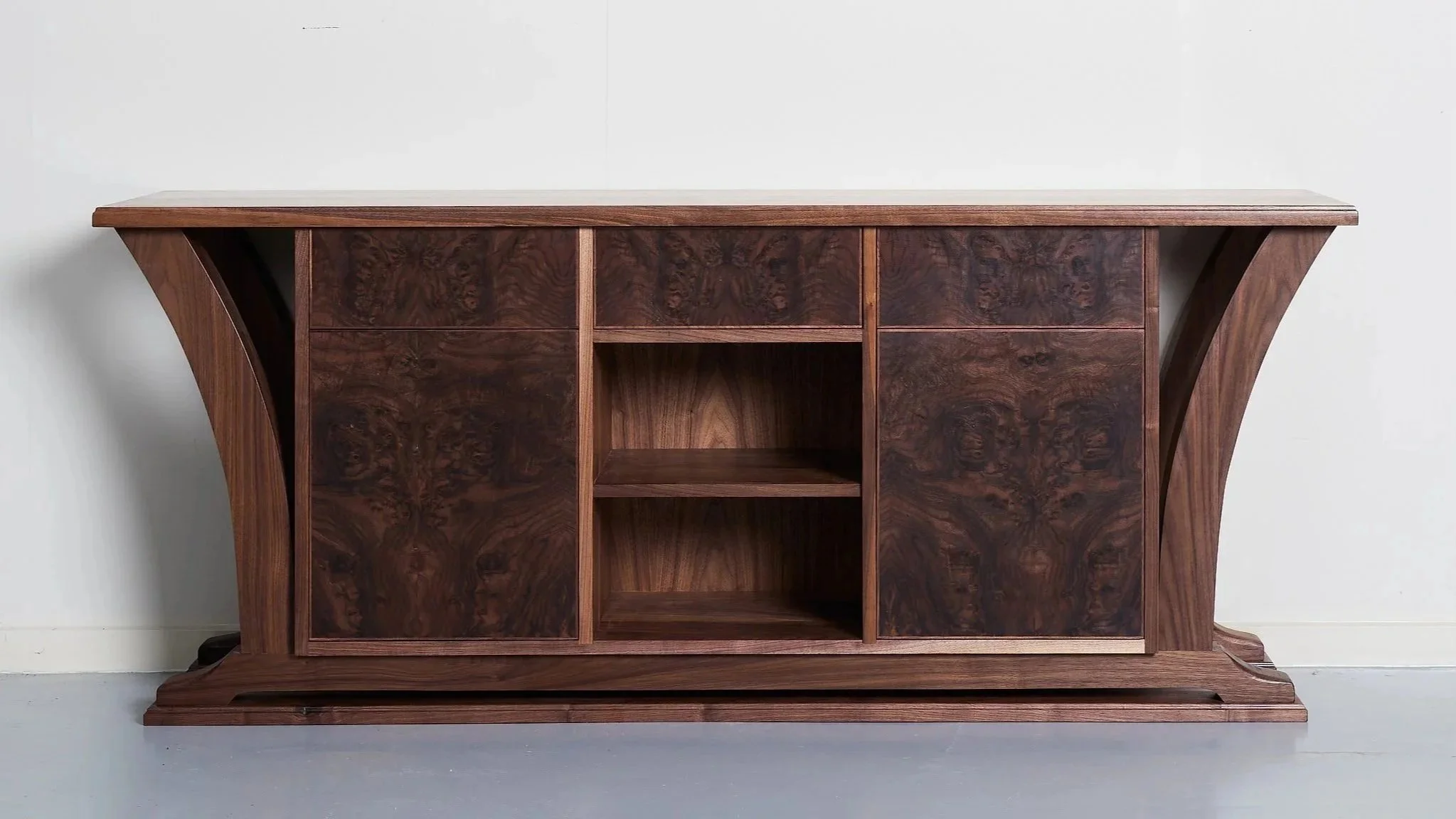 Walnut Sideboard with burl doors and drawers and curved legs
