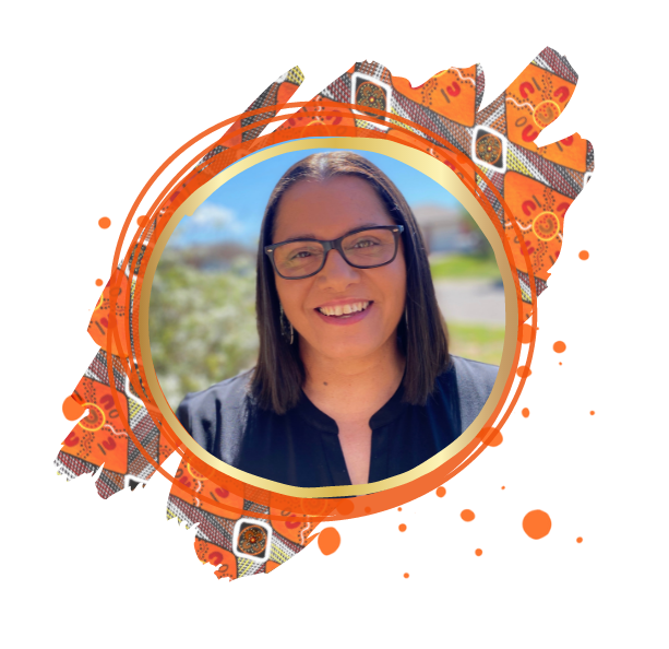 A woman with dark hair, glasses, and a black collared shirt smiling outdoors, framed by a colorful, abstract orange and patterned graphic circle.