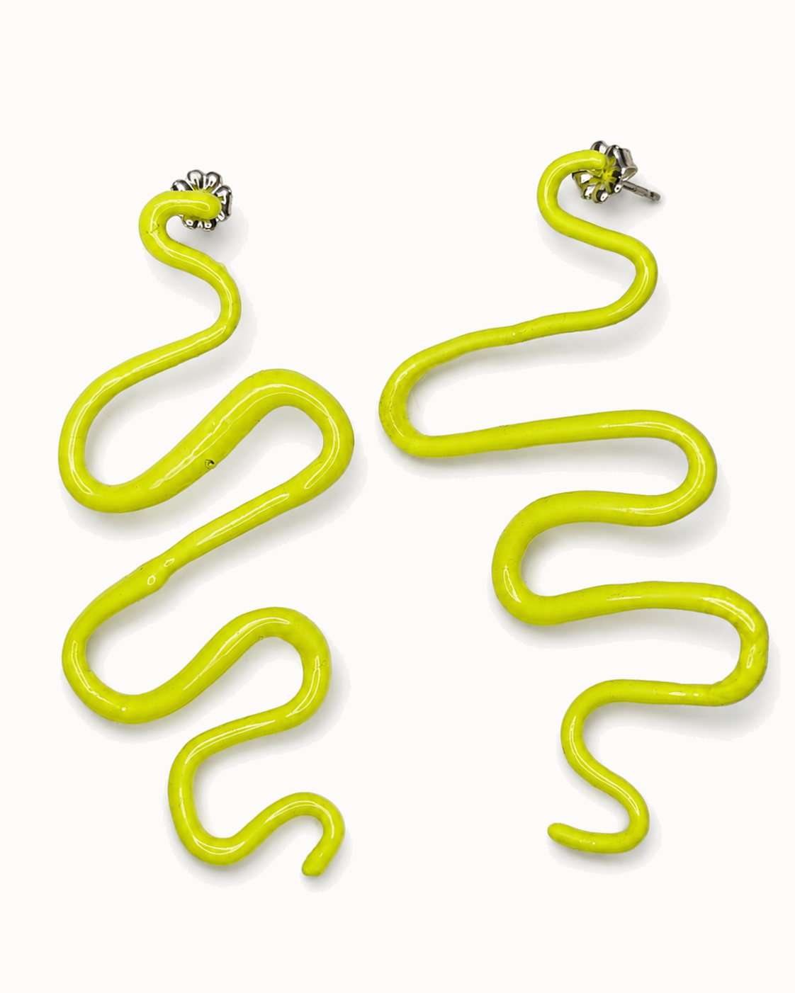 Long hand-bent sculpture drops in high-gloss neon-yellow enamel.
