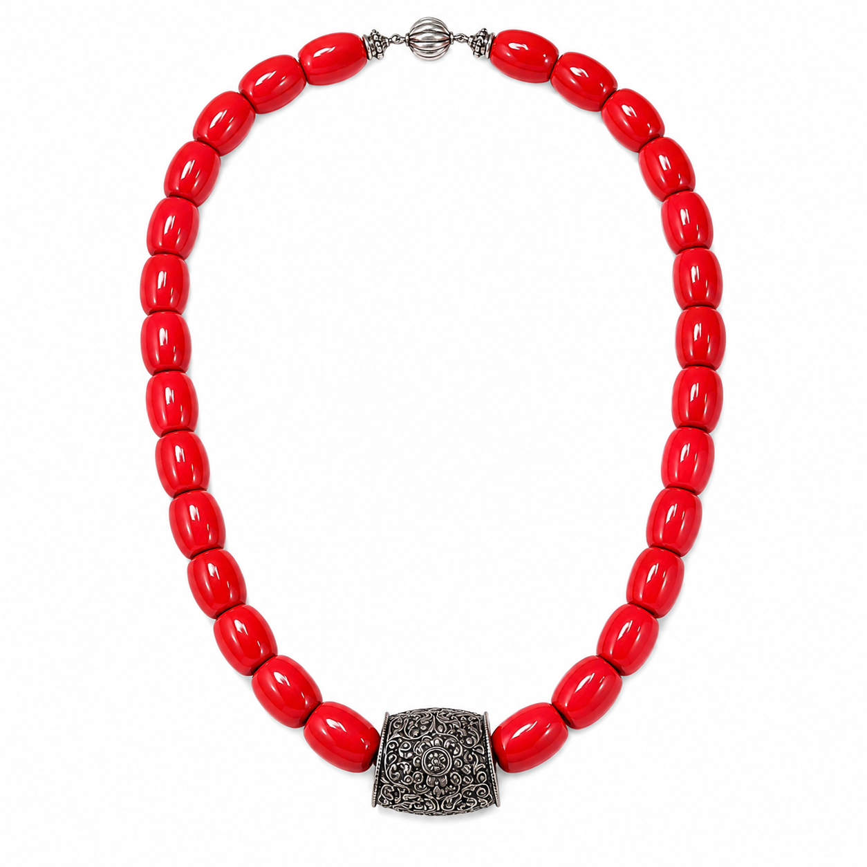 Antique Tibetan Repoussé Coral Necklace
