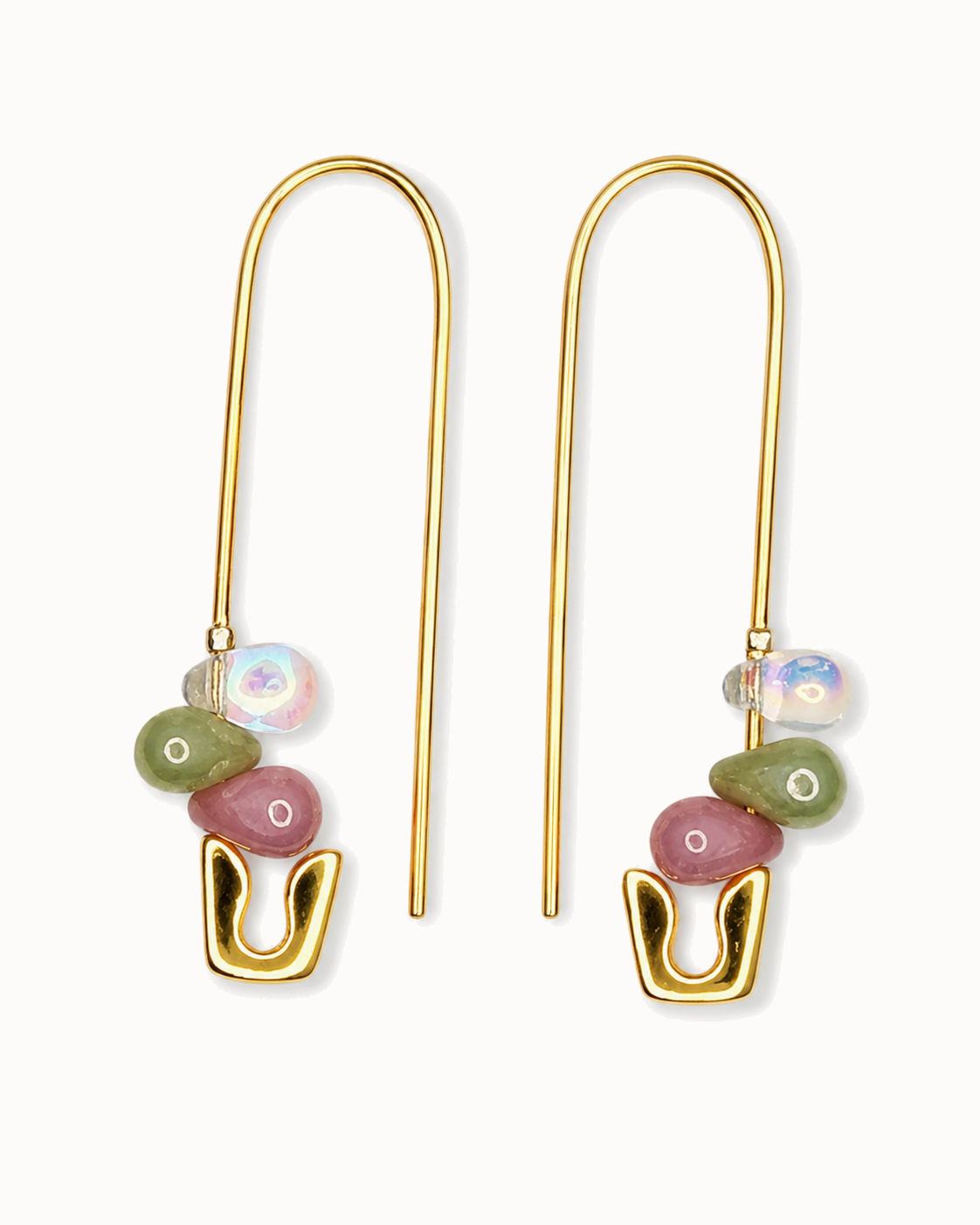 Gold-plated safety-pin threaders crystal pastel glass beads.