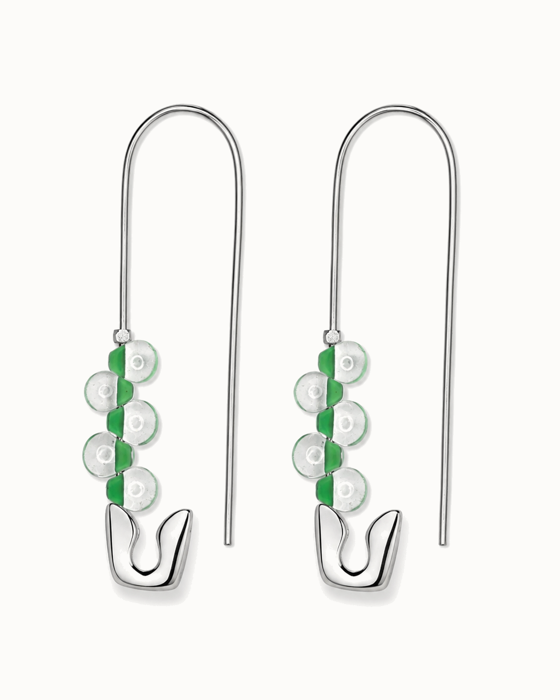 Contemporary sterling-silver safety-pin earrings with fresh green and translucent crystal beads.