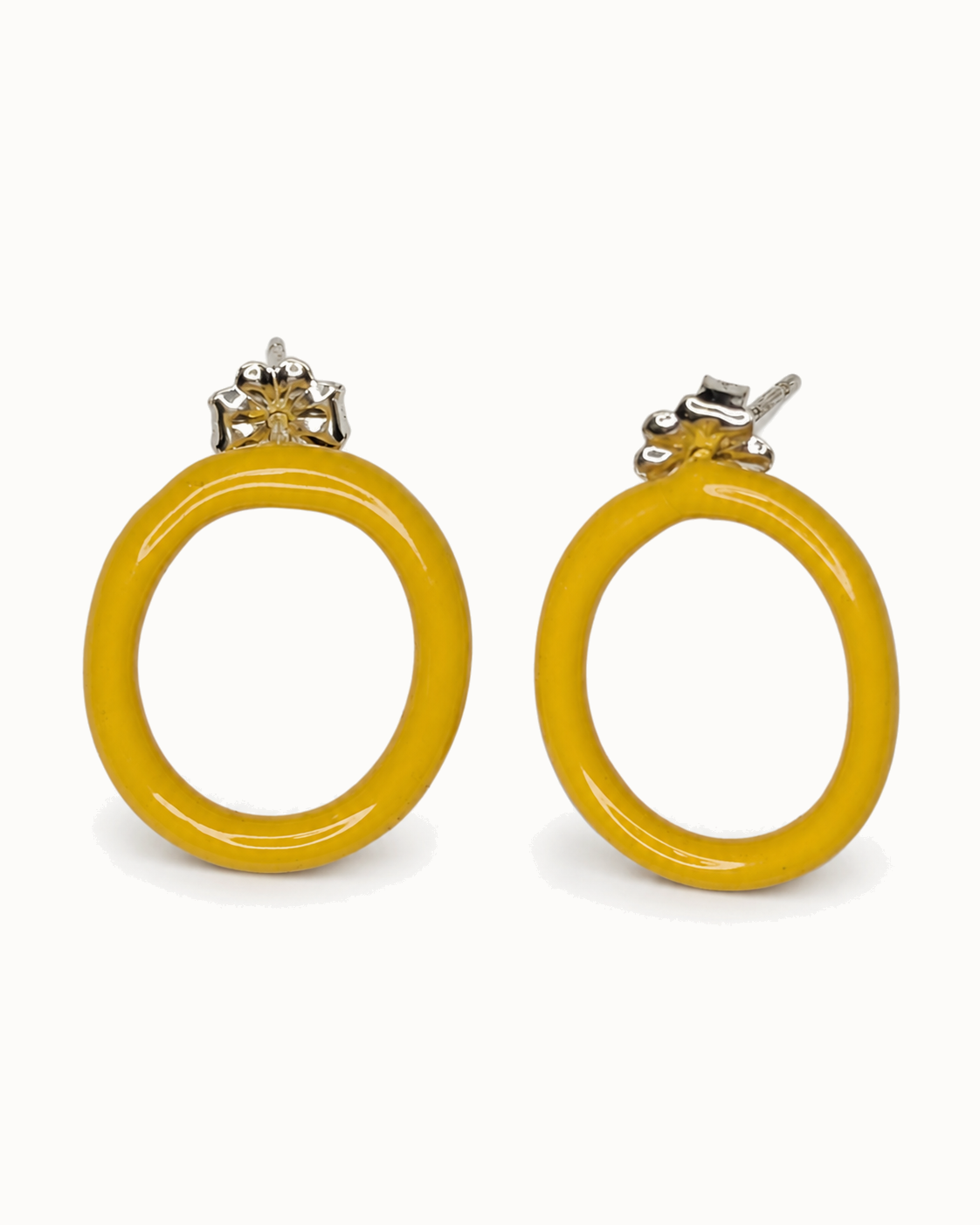 Rich marigold-yellow enamel open ovals on sterling-silver studs.