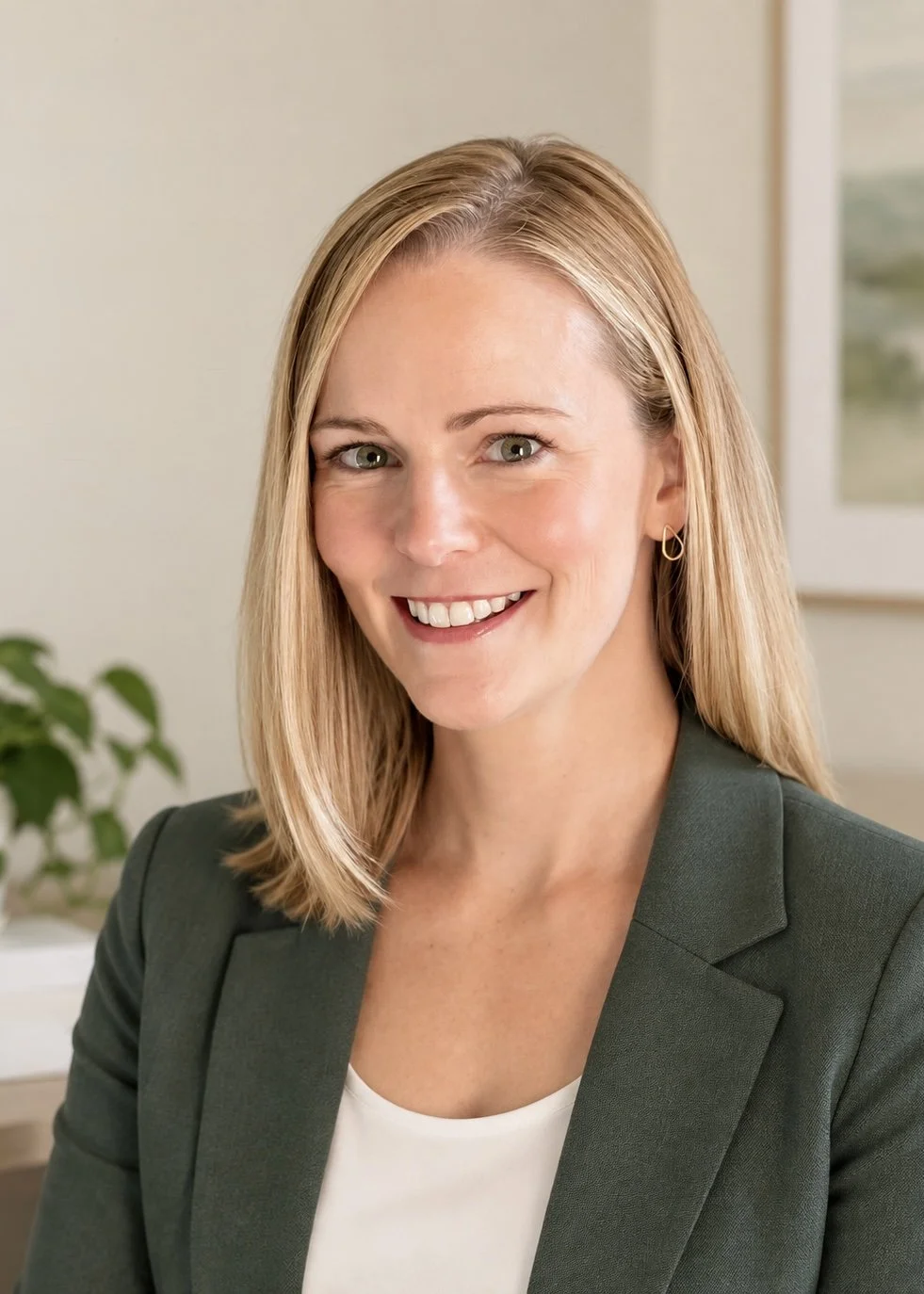 Headshot of a smiling woman with shoulder-length blonde hair, wearing a dark blazer and white top, in a professional setting.