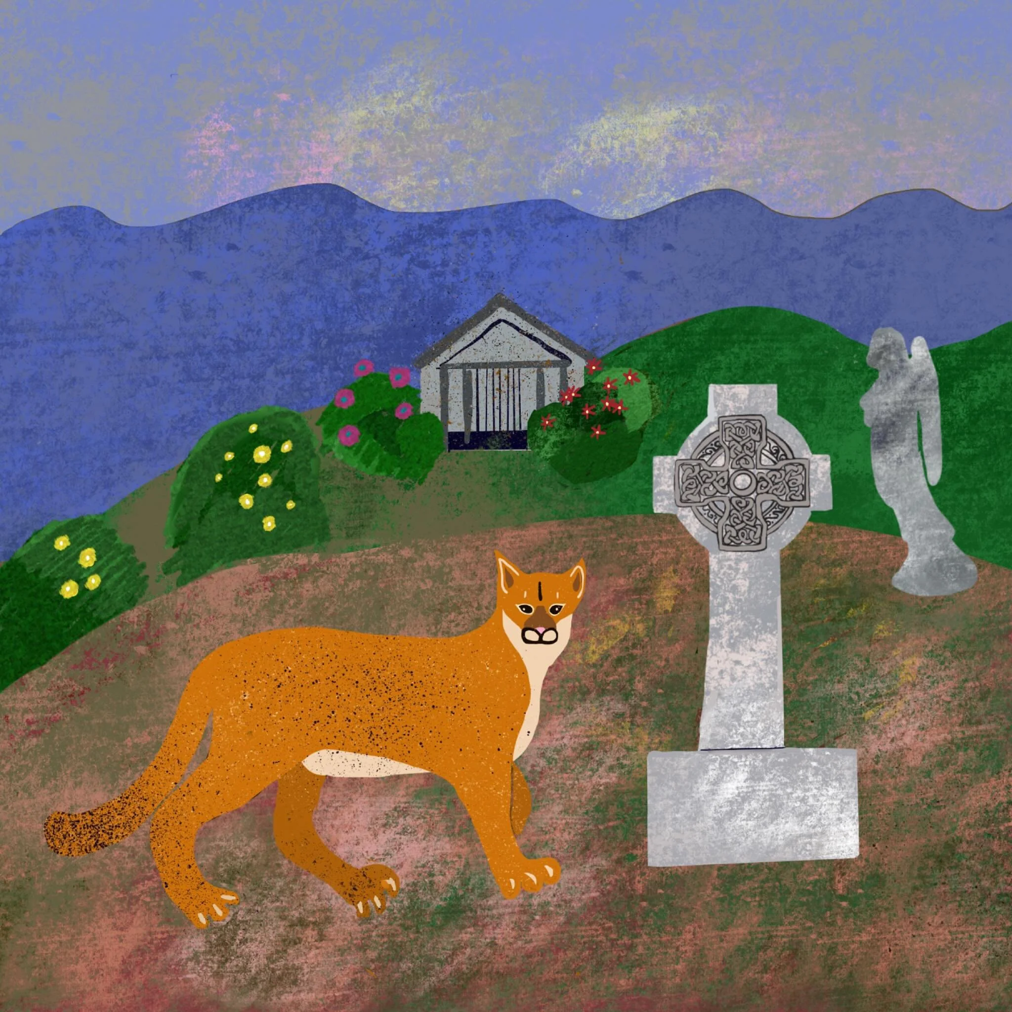 Mountain Lion at the Cemetery #animalillustration #animalillustrations #animalillustrator #cemeteryart #cemeteryscapes #landscapeillustration