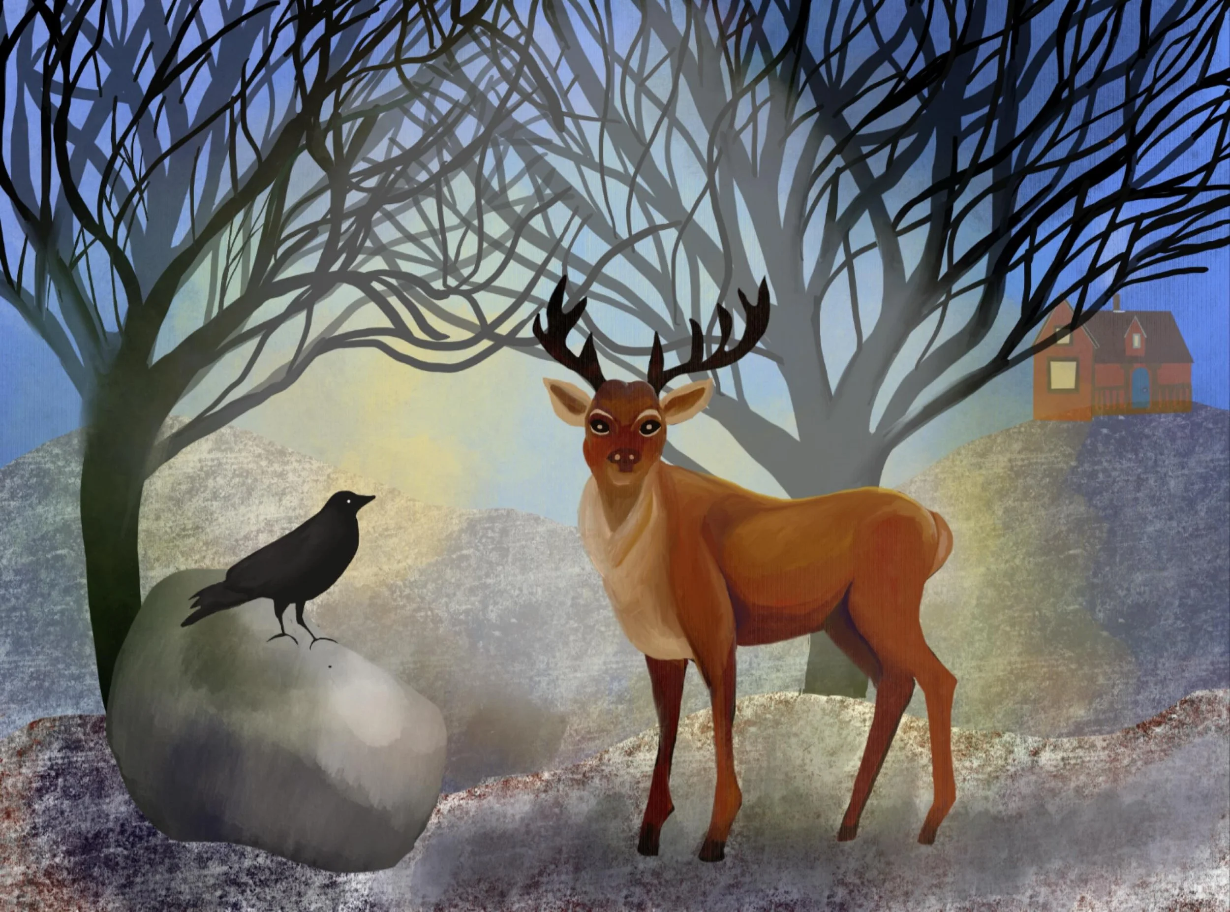 #forestillustration #landscapeillustration #woodlandanimals #winterillustration #deerofinstagram #crows #magicalforest #animalillustration