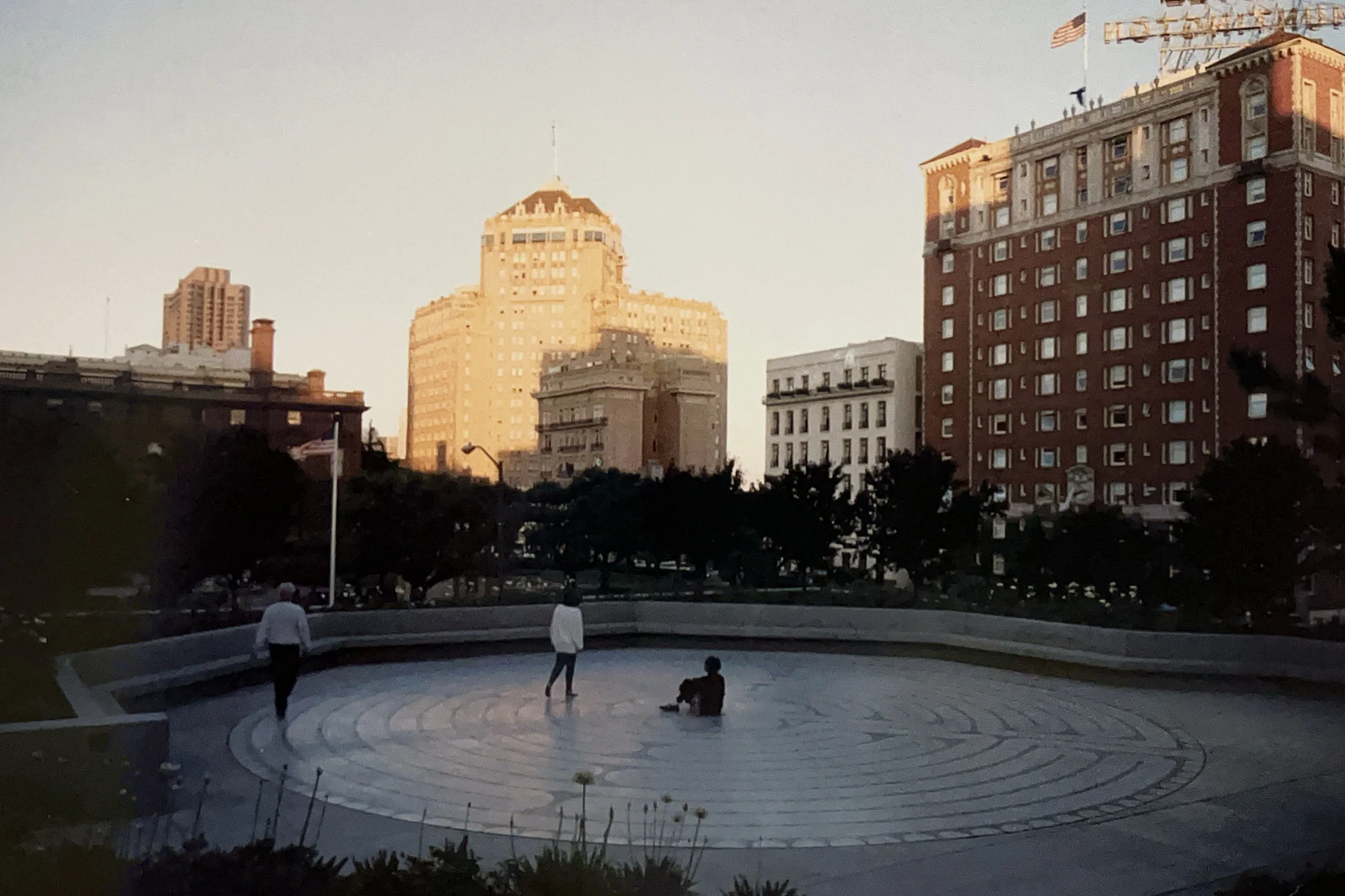 Postcard picture of the outdoor labyrinth at Grace Cathedral in San Francisco