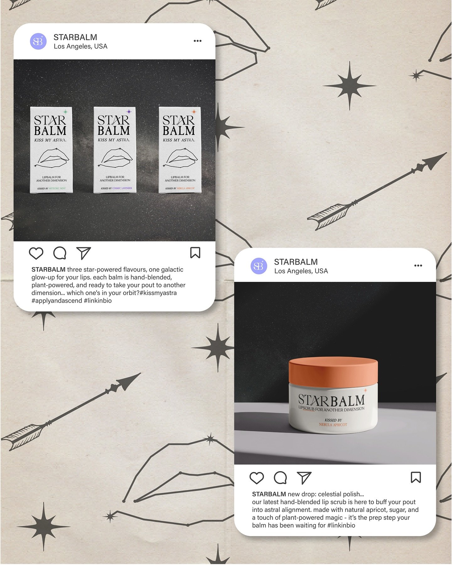 Starbalm pt.2 ✨ had to add a few extras!
A lipbalm brand with a focus on natural skincare and a confident, celestial-inspired identity.
Design decisions:
- Font pairing: One with a modern, cosmic feel; the other nods to apothecary labels.
- Colou