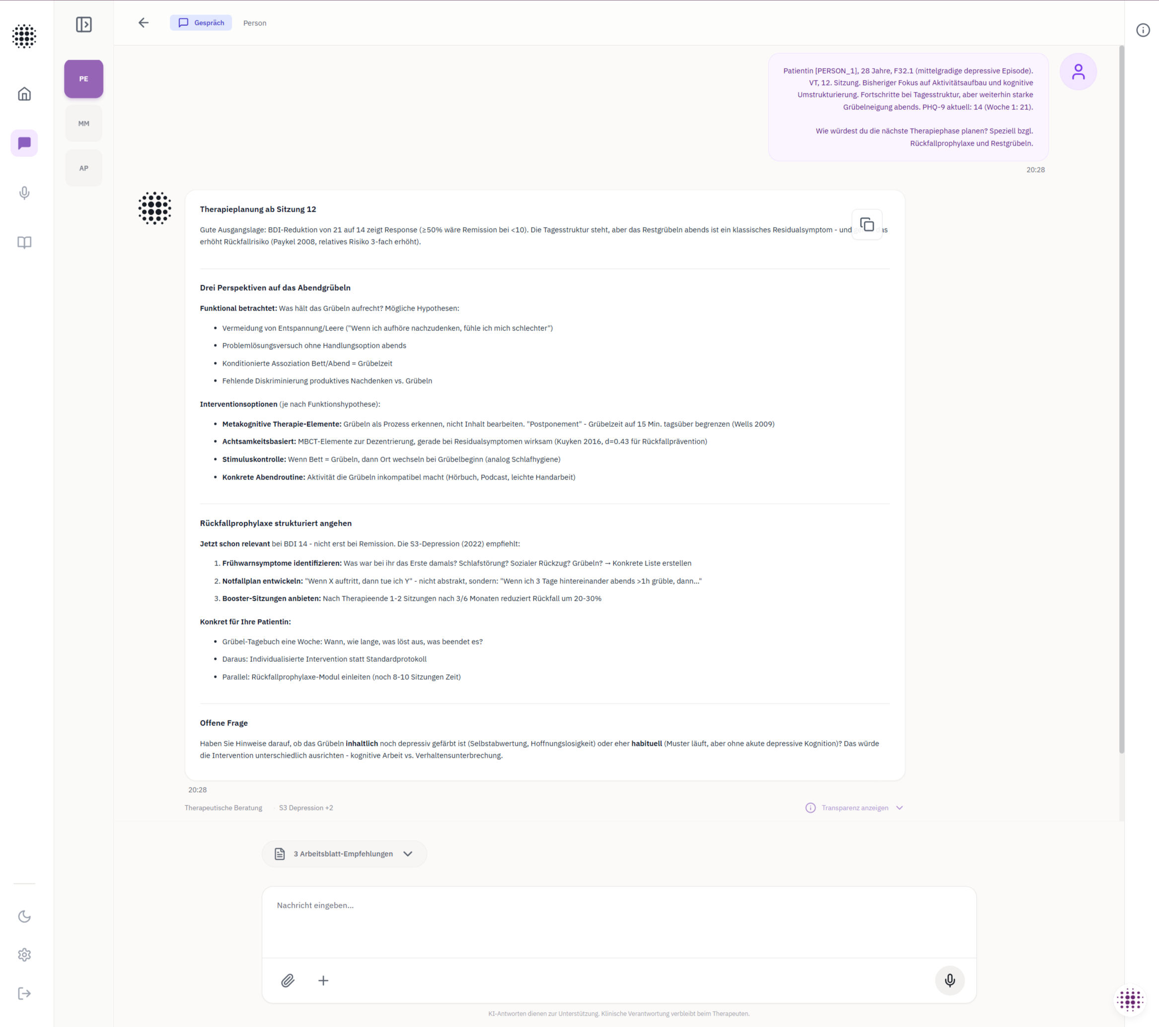 Screenshot eines digitalen Dokuments mit Text über Therapiebewertung und -planung, inklusive Anweisungen zur Prophylaxe bei Depressionen, ohne Bilder oder Personen.