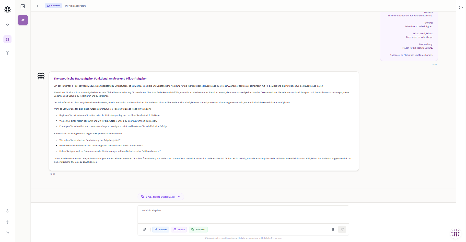 Bildschirmfoto eines Textdokuments mit dem Titel "Therapeutische Hausaufgabe: Funktionale Analyse und Mikro-Aufgaben" auf Deutsch, das Anleitungen und Tipps zur Durchführung von Hausaufgaben bei Patienten enthält.