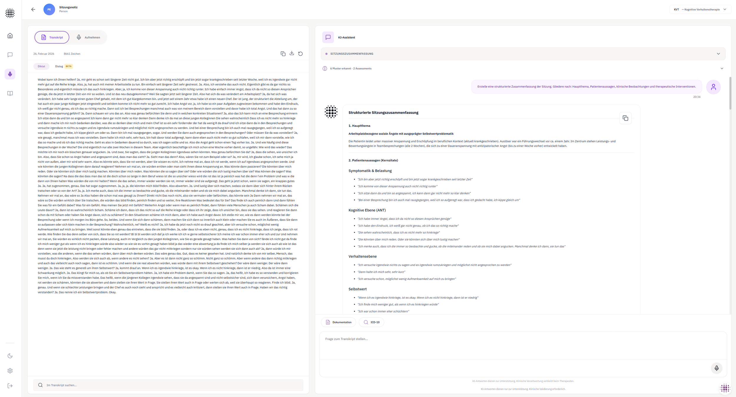Screenshot einer digitalen Notiz mit Text und einer Zusammenfassung einer Sitzung, inklusive Abschnitten zu Themen wie Angst, Patientenaussagen, kognitive Ebenen, Verhaltensweisen und Selbstwert, sowie eine Seite mit Transkripttext und eine Seite mit Zusammenfassung.