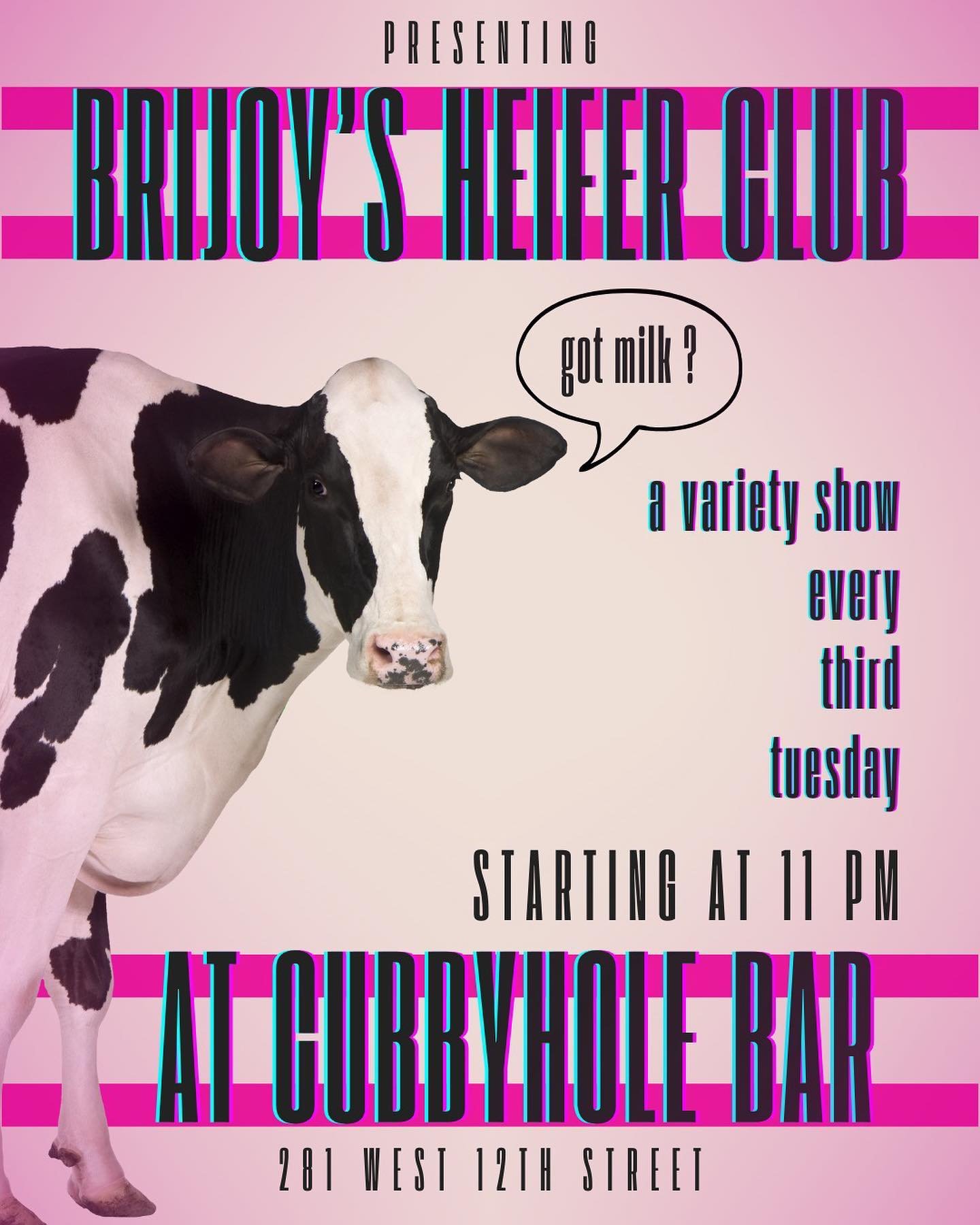 mOoOoOoVe over 🐮 @brij0y is back in the house making room and taking up space next Tuesday and every third Tuesday @cubbyholebar 

join us for a good time, fire raffle prizes (fr) and free shots!!