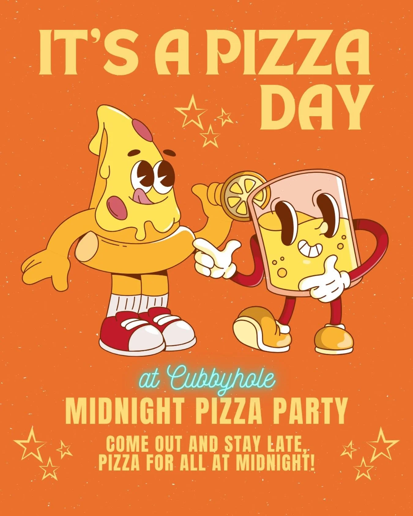 surprise! you might be familiar with FREE happy hour pizza at cubbyhole, and by popular demand, we&rsquo;re giving our night owls a taste of the good life too - starting tonight!

keep an eye out for flash midnight pizza parties at cubbyhole all summ