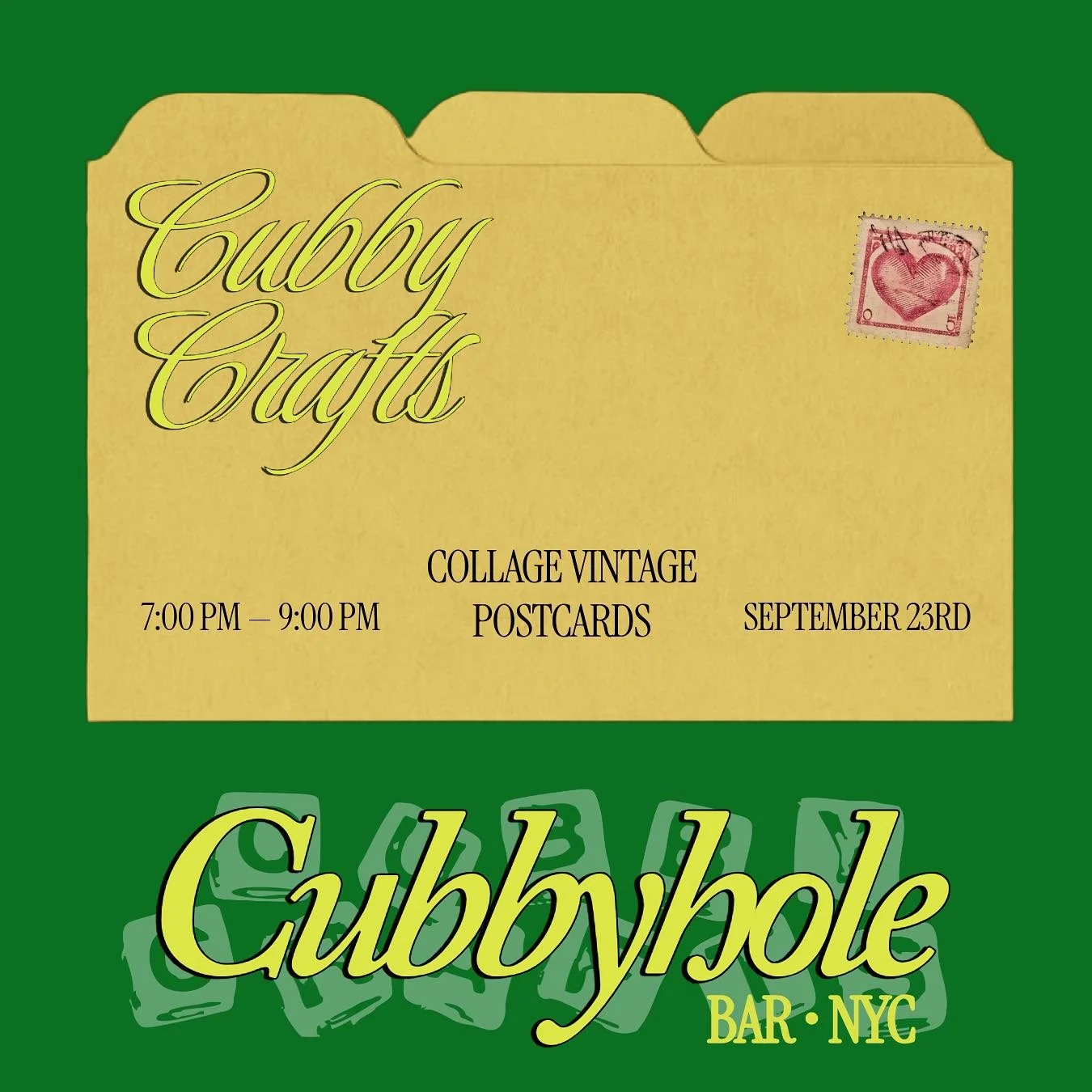 ~ CUBBY CRAFTING IS BACK ~

join us tuesday 9.23 for the return of this crowd favorite - collage and write a good ol&rsquo; fashioned post card and we will stamp and mail it for you 💌

seating and materials are first come first served - arrive early