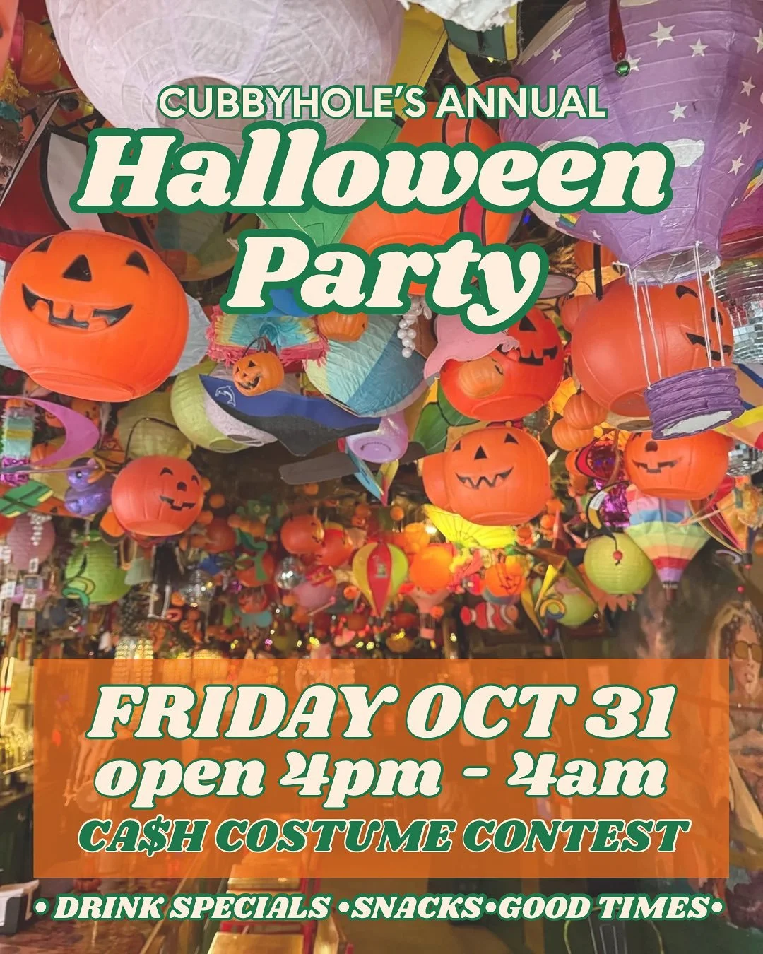 what&rsquo;s better than a CA$H prize costume contest at your friendly neighborhood bar? that&rsquo;s right - THREE CA$H PRIZES! 🥇🥈🥉

1. get down to @cubbyholebar early to beat the crowds and get in for happy hour, half off drinks 4-7pm. 
2. get y