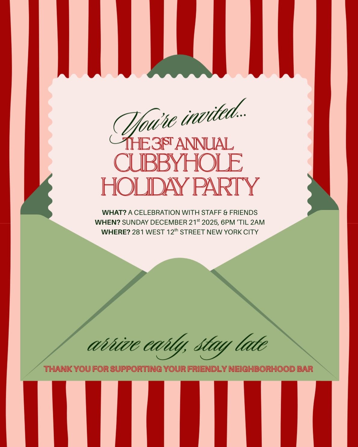 join staff &amp; friends sunday 12/21/25 from 6pm-2am for our annual holiday festivities ✨

thank you for another year of fun times and good vibes - we are so proud to be your friendly neighborhood bar 🥂