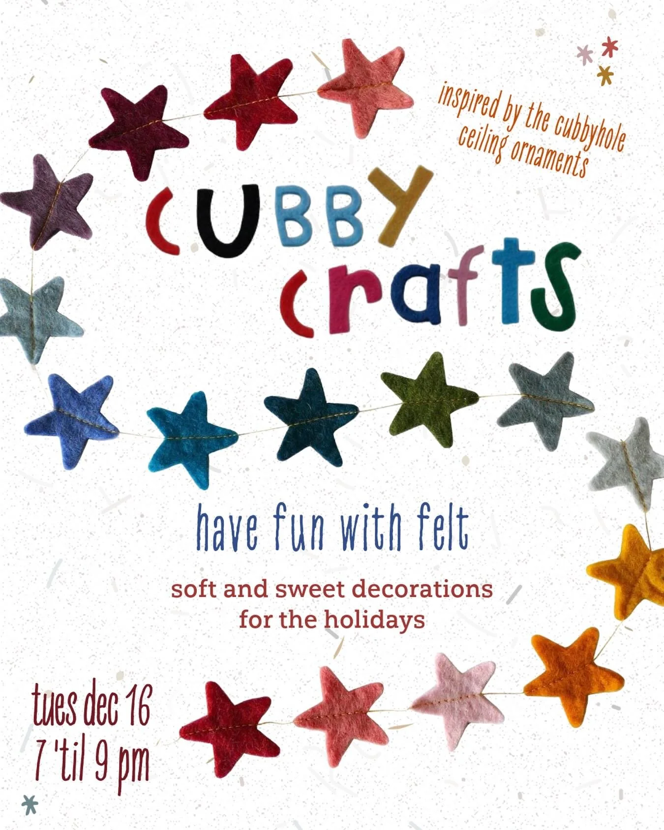 back next week making super sweet felt ornaments to adorn your home for the holidays or gift to a loved one -

supplies provided, but feel free to bring personal touches or extras to share!