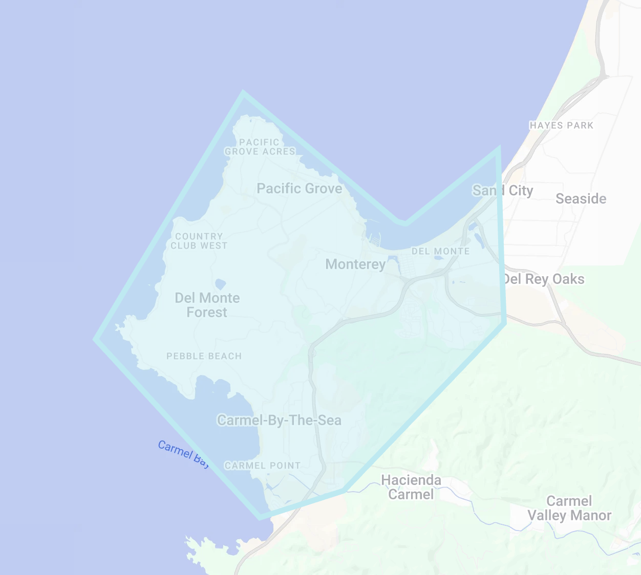 Map of Carmel, California, highlighting neighborhoods such as Pacific Grove, Monterey, and Carmel-by-the-Sea along the coast.