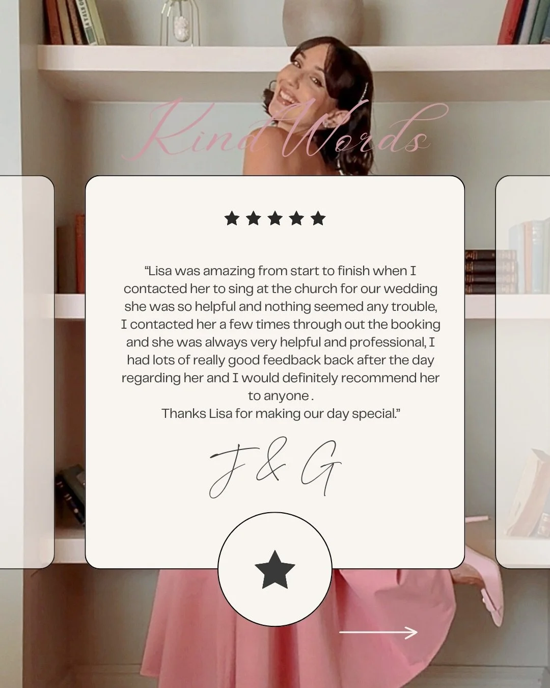 Kind words 💕

Just a few testimonials! I absolutely love being part of couples&rsquo; special day! So much work behind the scenes goes into singing at your wedding, planning, logistics, preparing the set list, learning and rehearsing songs  and so m