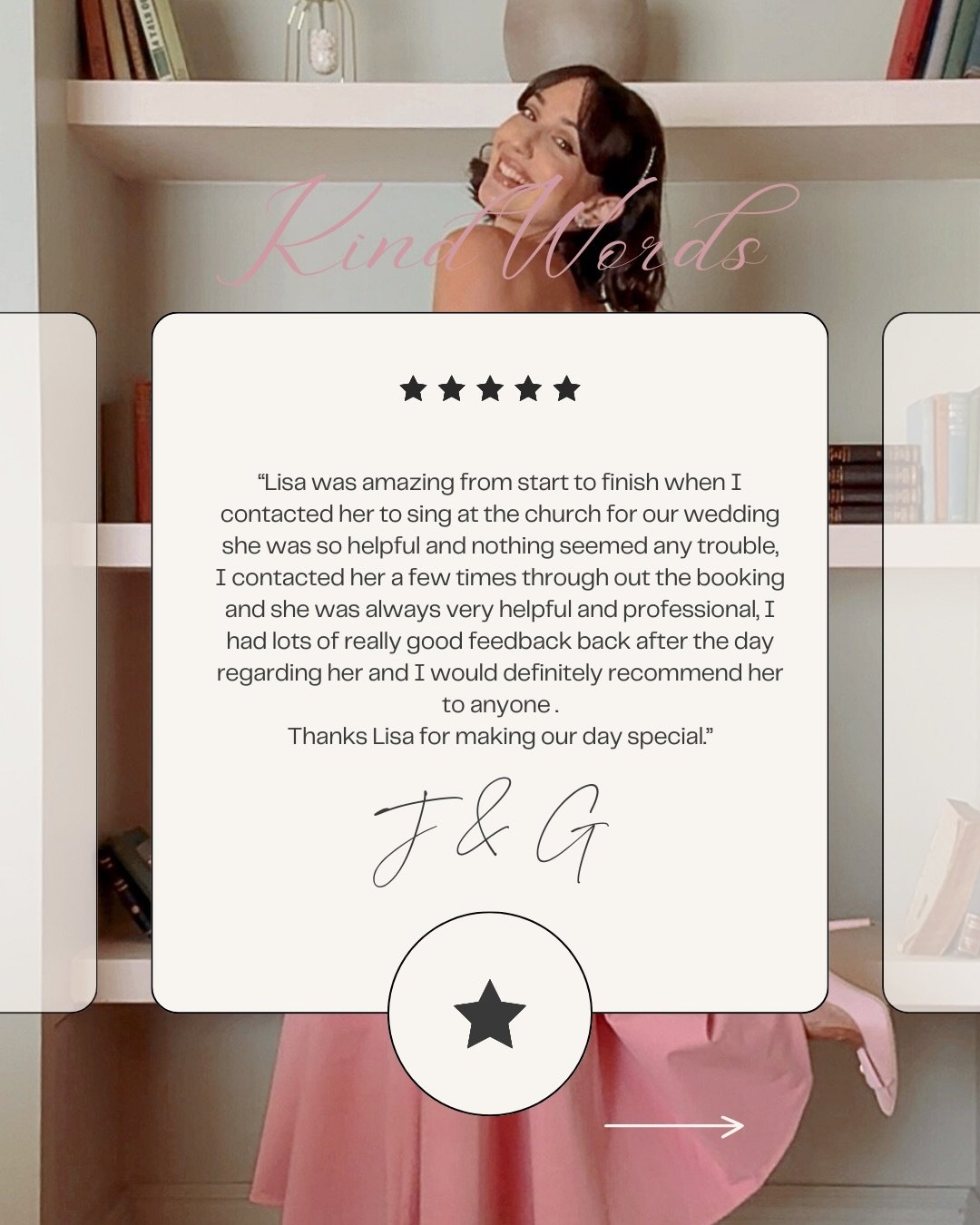 Kind words 💕

Just a few testimonials! I absolutely love being part of couples&rsquo; special day! So much work behind the scenes goes into singing at your wedding, planning, logistics, preparing the set list, learning and rehearsing songs  and so m