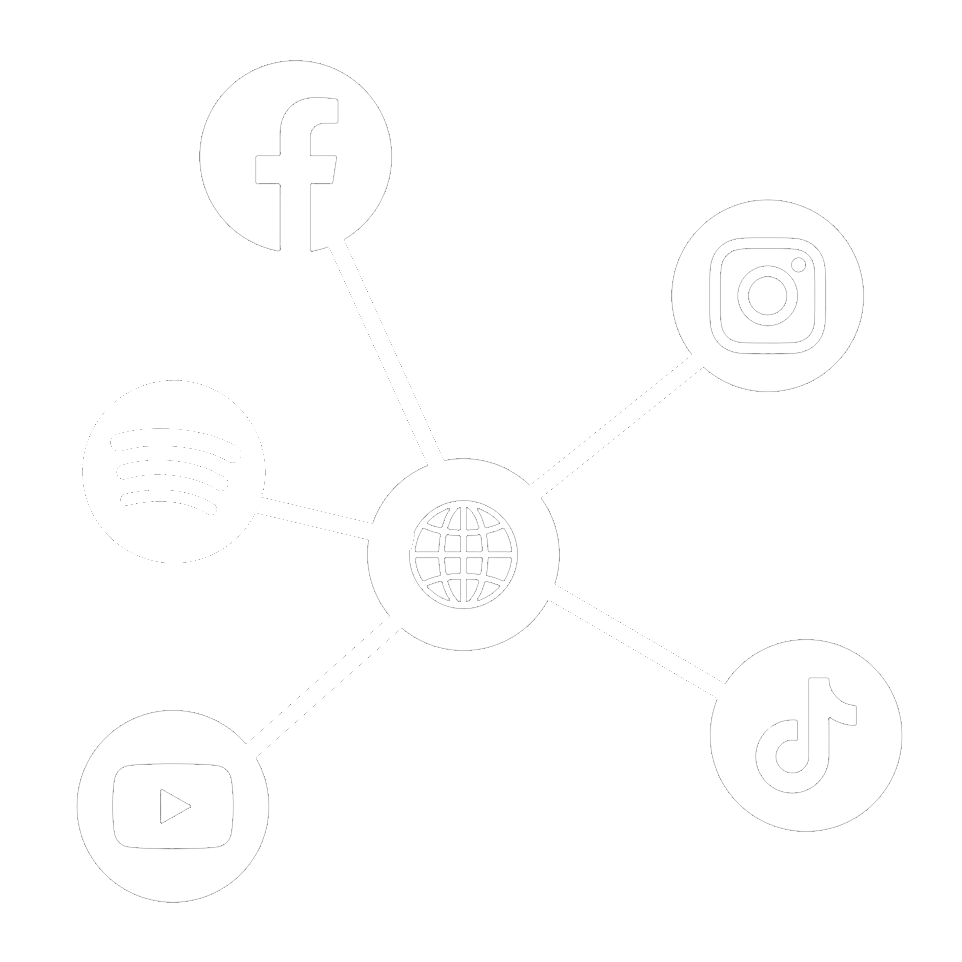 Icons of social media platforms Facebook, Instagram, TikTok, YouTube, and Spotify connected to a globe